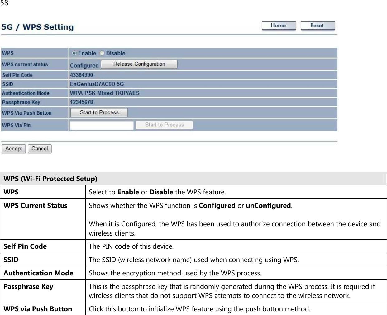 58     WPS (Wi-Fi Protected Setup) WPS Select to Enable or Disable the WPS feature. WPS Current Status Shows whether the WPS function is Configured or unConfigured.  When it is Configured, the WPS has been used to authorize connection between the device and wireless clients. Self Pin Code The PIN code of this device. SSID The SSID (wireless network name) used when connecting using WPS. Authentication Mode Shows the encryption method used by the WPS process. Passphrase Key This is the passphrase key that is randomly generated during the WPS process. It is required if wireless clients that do not support WPS attempts to connect to the wireless network. WPS via Push Button Click this button to initialize WPS feature using the push button method. 