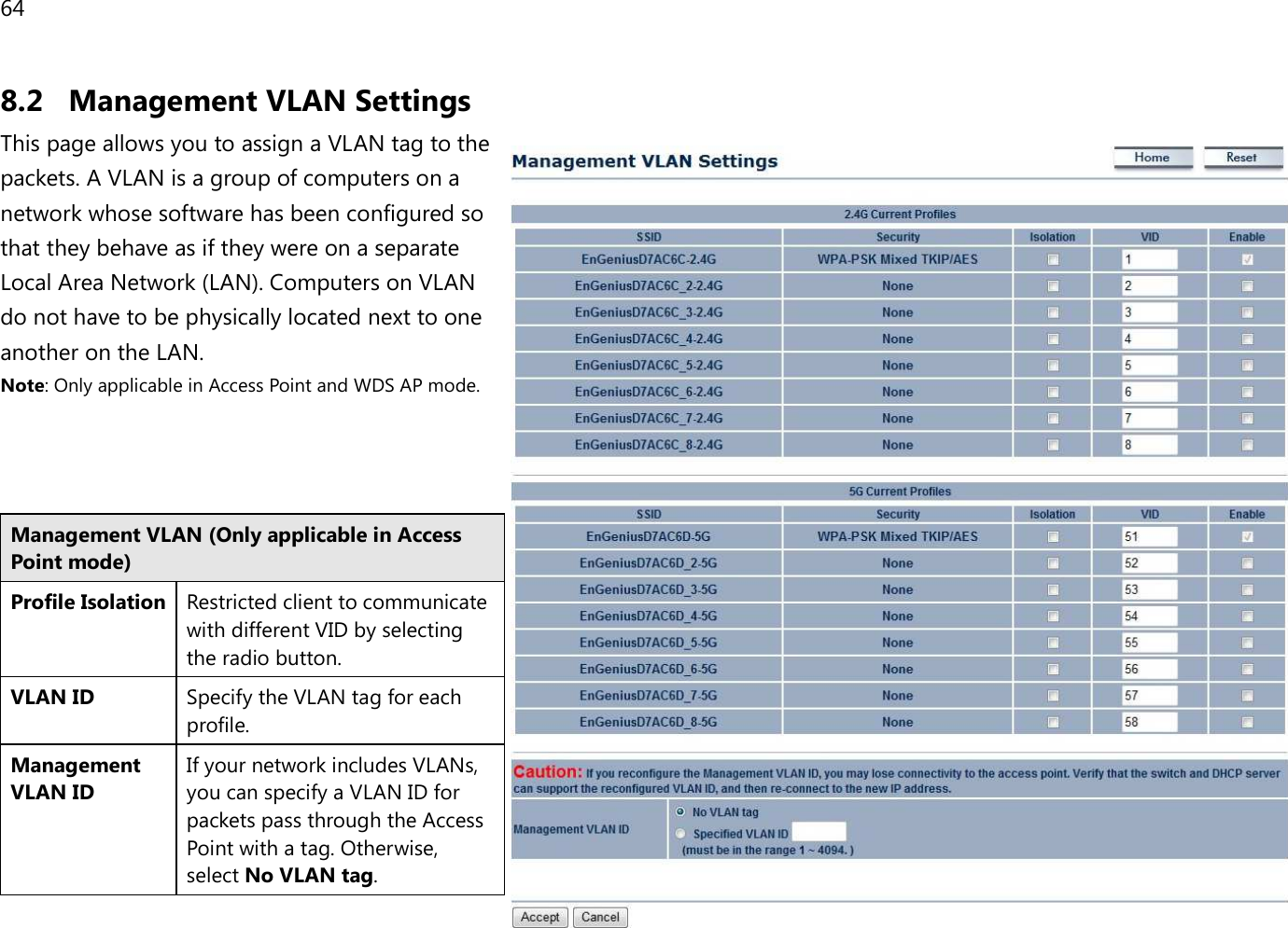 64  8.2 Management VLAN Settings This page allows you to assign a VLAN tag to the packets. A VLAN is a group of computers on a network whose software has been configured so that they behave as if they were on a separate Local Area Network (LAN). Computers on VLAN do not have to be physically located next to one another on the LAN. Note: Only applicable in Access Point and WDS AP mode.    Management VLAN (Only applicable in Access Point mode) Profile Isolation Restricted client to communicate with different VID by selecting the radio button. VLAN ID Specify the VLAN tag for each profile. Management VLAN ID If your network includes VLANs, you can specify a VLAN ID for packets pass through the Access Point with a tag. Otherwise, select No VLAN tag. 