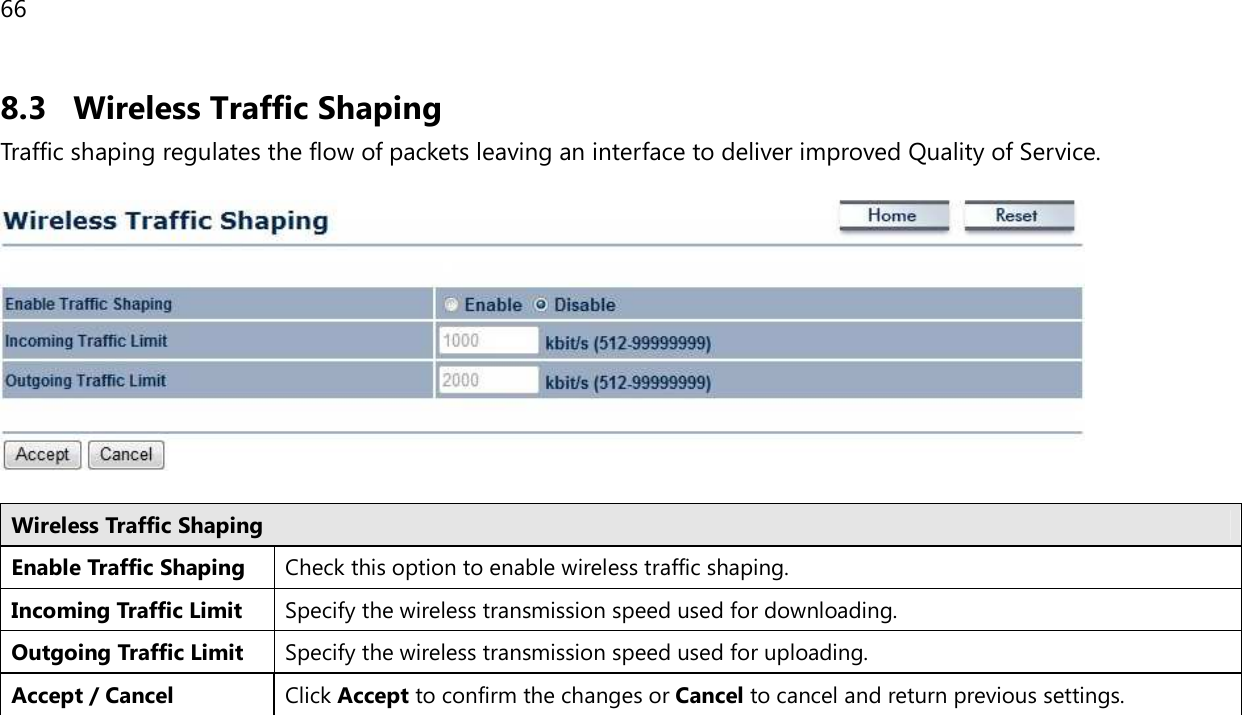 66  8.3 Wireless Traffic Shaping Traffic shaping regulates the flow of packets leaving an interface to deliver improved Quality of Service.    Wireless Traffic Shaping Enable Traffic Shaping Check this option to enable wireless traffic shaping. Incoming Traffic Limit Specify the wireless transmission speed used for downloading. Outgoing Traffic Limit Specify the wireless transmission speed used for uploading. Accept / Cancel Click Accept to confirm the changes or Cancel to cancel and return previous settings.    