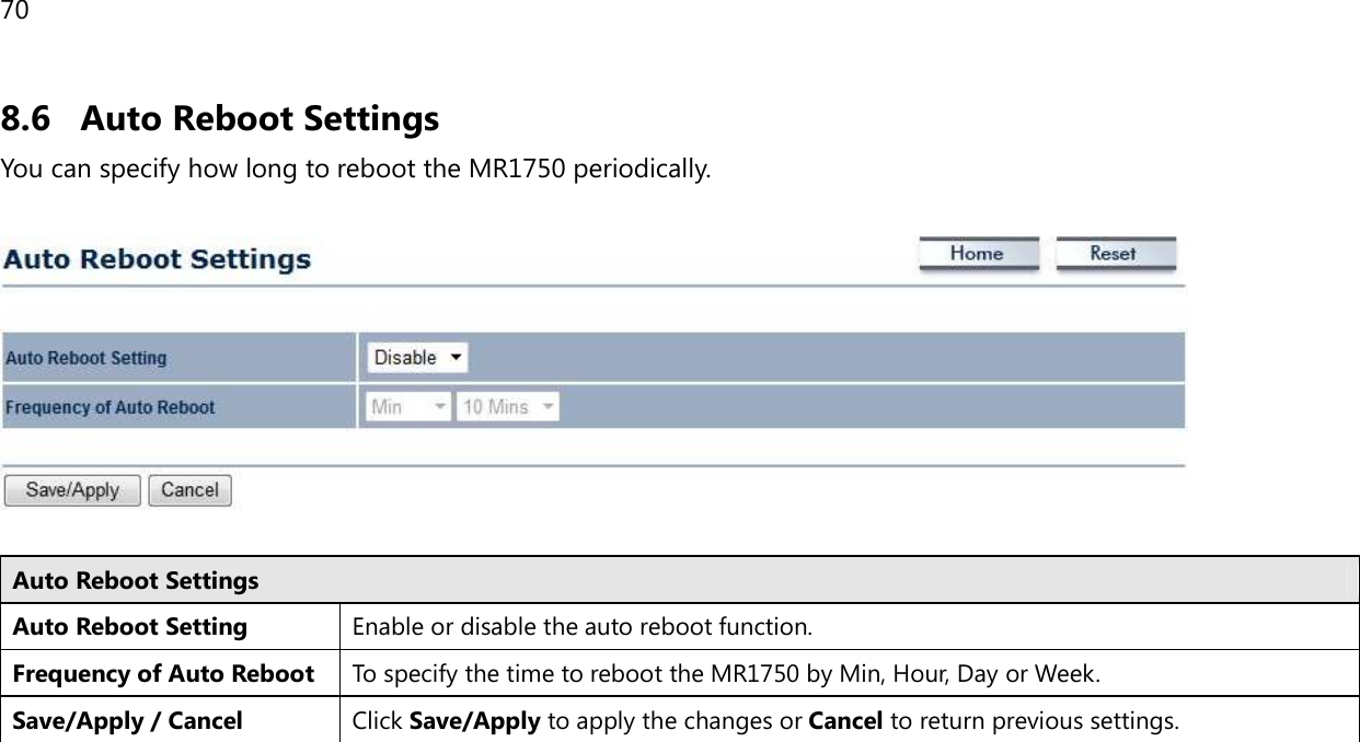 70  8.6 Auto Reboot Settings You can specify how long to reboot the MR1750 periodically.    Auto Reboot Settings Auto Reboot Setting Enable or disable the auto reboot function. Frequency of Auto Reboot To specify the time to reboot the MR1750 by Min, Hour, Day or Week. Save/Apply / Cancel Click Save/Apply to apply the changes or Cancel to return previous settings.   
