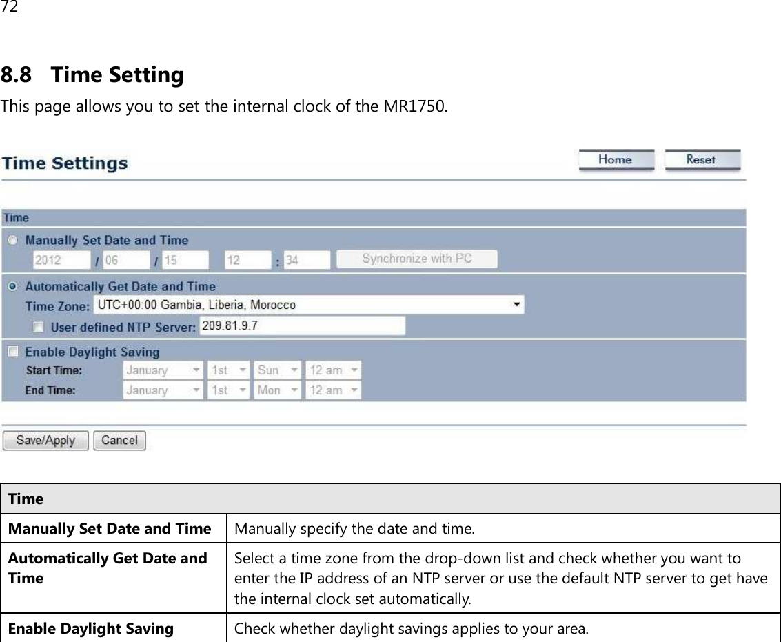 72  8.8 Time Setting This page allows you to set the internal clock of the MR1750.    Time Manually Set Date and Time Manually specify the date and time. Automatically Get Date and Time Select a time zone from the drop-down list and check whether you want to enter the IP address of an NTP server or use the default NTP server to get have the internal clock set automatically. Enable Daylight Saving Check whether daylight savings applies to your area.   