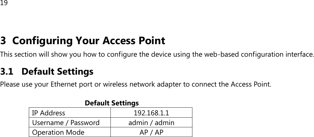 19 3 Configuring Your Access Point This section will show you how to configure the device using the web-based configuration interface. 3.1 Default Settings Please use your Ethernet port or wireless network adapter to connect the Access Point.                                             Default Settings IP Address 192.168.1.1 Username / Password admin / admin Operation Mode AP / AP     