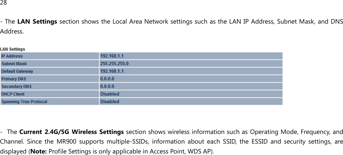 28  - The LAN  Settings section shows the Local Area Network settings such as the LAN IP Address, Subnet Mask, and DNS Address.     -  The Current 2.4G/5G  Wireless Settings section shows wireless information such as Operating Mode, Frequency, and Channel.  Since  the  MR900  supports  multiple-SSIDs,  information  about  each  SSID,  the  ESSID  and  security  settings,  are displayed (Note: Profile Settings is only applicable in Access Point, WDS AP). 