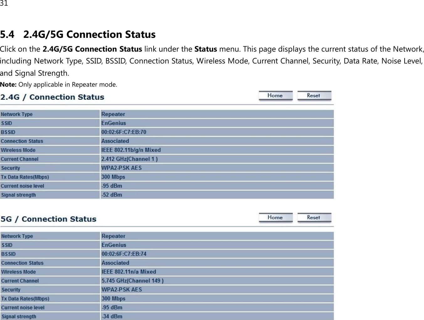 31 5.4 2.4G/5G Connection Status Click on the 2.4G/5G Connection Status link under the Status menu. This page displays the current status of the Network, including Network Type, SSID, BSSID, Connection Status, Wireless Mode, Current Channel, Security, Data Rate, Noise Level, and Signal Strength.   Note: Only applicable in Repeater mode.    