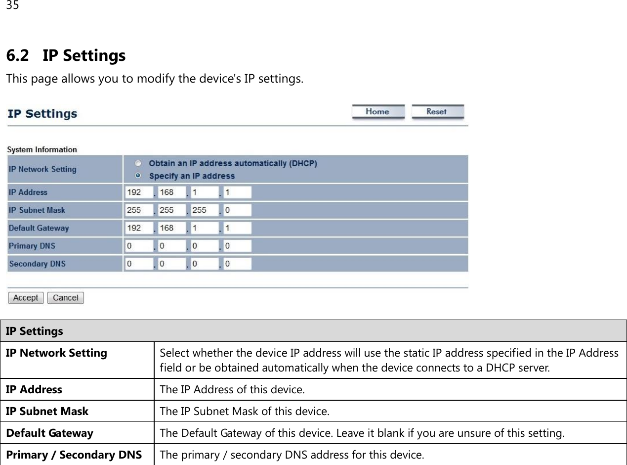 35 6.2 IP Settings This page allows you to modify the device&apos;s IP settings.    IP Settings IP Network Setting Select whether the device IP address will use the static IP address specified in the IP Address field or be obtained automatically when the device connects to a DHCP server. IP Address The IP Address of this device. IP Subnet Mask The IP Subnet Mask of this device. Default Gateway The Default Gateway of this device. Leave it blank if you are unsure of this setting. Primary / Secondary DNS The primary / secondary DNS address for this device.  