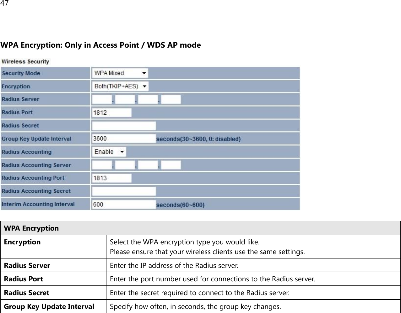 47    WPA Encryption: Only in Access Point / WDS AP mode   WPA Encryption Encryption Select the WPA encryption type you would like. Please ensure that your wireless clients use the same settings. Radius Server Enter the IP address of the Radius server. Radius Port Enter the port number used for connections to the Radius server. Radius Secret Enter the secret required to connect to the Radius server. Group Key Update Interval Specify how often, in seconds, the group key changes. 