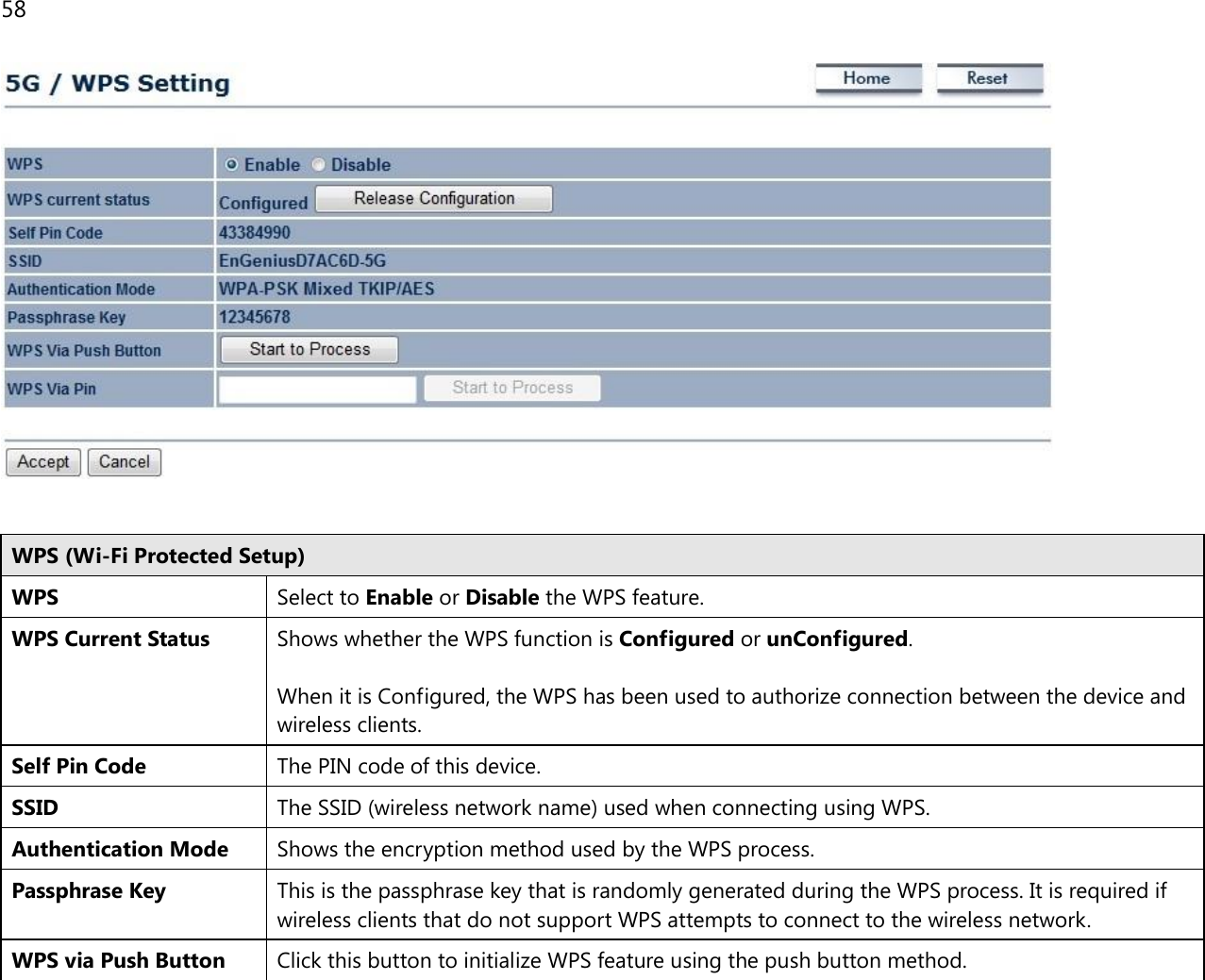 58     WPS (Wi-Fi Protected Setup) WPS Select to Enable or Disable the WPS feature. WPS Current Status Shows whether the WPS function is Configured or unConfigured.  When it is Configured, the WPS has been used to authorize connection between the device and wireless clients. Self Pin Code The PIN code of this device. SSID The SSID (wireless network name) used when connecting using WPS. Authentication Mode Shows the encryption method used by the WPS process. Passphrase Key This is the passphrase key that is randomly generated during the WPS process. It is required if wireless clients that do not support WPS attempts to connect to the wireless network. WPS via Push Button Click this button to initialize WPS feature using the push button method. 