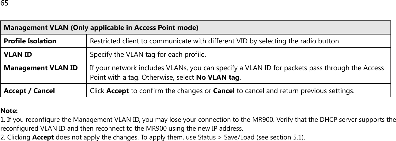 65  Management VLAN (Only applicable in Access Point mode) Profile Isolation Restricted client to communicate with different VID by selecting the radio button. VLAN ID Specify the VLAN tag for each profile. Management VLAN ID If your network includes VLANs, you can specify a VLAN ID for packets pass through the Access Point with a tag. Otherwise, select No VLAN tag. Accept / Cancel Click Accept to confirm the changes or Cancel to cancel and return previous settings.  Note:  1. If you reconfigure the Management VLAN ID, you may lose your connection to the MR900. Verify that the DHCP server supports the reconfigured VLAN ID and then reconnect to the MR900 using the new IP address.  2. Clicking Accept does not apply the changes. To apply them, use Status &gt; Save/Load (see section 5.1).  