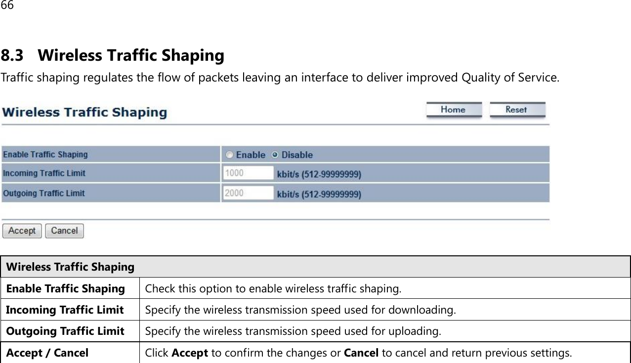 66 8.3 Wireless Traffic Shaping Traffic shaping regulates the flow of packets leaving an interface to deliver improved Quality of Service.    Wireless Traffic Shaping Enable Traffic Shaping Check this option to enable wireless traffic shaping. Incoming Traffic Limit Specify the wireless transmission speed used for downloading. Outgoing Traffic Limit Specify the wireless transmission speed used for uploading. Accept / Cancel Click Accept to confirm the changes or Cancel to cancel and return previous settings.    