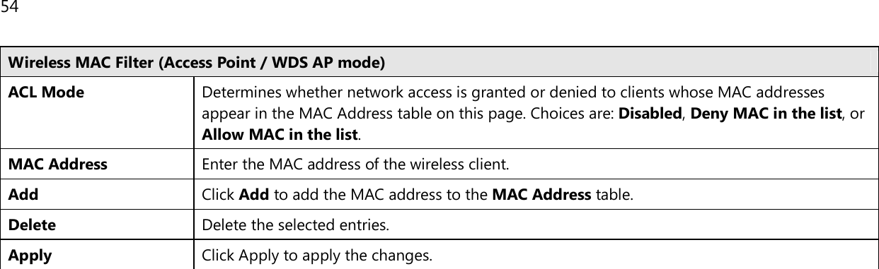 54  Wireless MAC Filter (Access Point / WDS AP mode) ACL Mode Determines whether network access is granted or denied to clients whose MAC addresses appear in the MAC Address table on this page. Choices are: Disabled, Deny MAC in the list, or Allow MAC in the list. MAC Address Enter the MAC address of the wireless client. Add Click Add to add the MAC address to the MAC Address table. Delete Delete the selected entries. Apply Click Apply to apply the changes.  