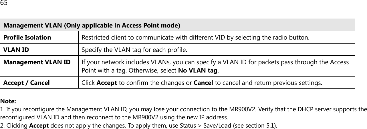 65  Management VLAN (Only applicable in Access Point mode) Profile Isolation Restricted client to communicate with different VID by selecting the radio button. VLAN ID Specify the VLAN tag for each profile. Management VLAN ID If your network includes VLANs, you can specify a VLAN ID for packets pass through the Access Point with a tag. Otherwise, select No VLAN tag. Accept / Cancel Click Accept to confirm the changes or Cancel to cancel and return previous settings.  Note:  1. If you reconfigure the Management VLAN ID, you may lose your connection to the MR900V2. Verify that the DHCP server supports the reconfigured VLAN ID and then reconnect to the MR900V2 using the new IP address.  2. Clicking Accept does not apply the changes. To apply them, use Status &gt; Save/Load (see section 5.1).  