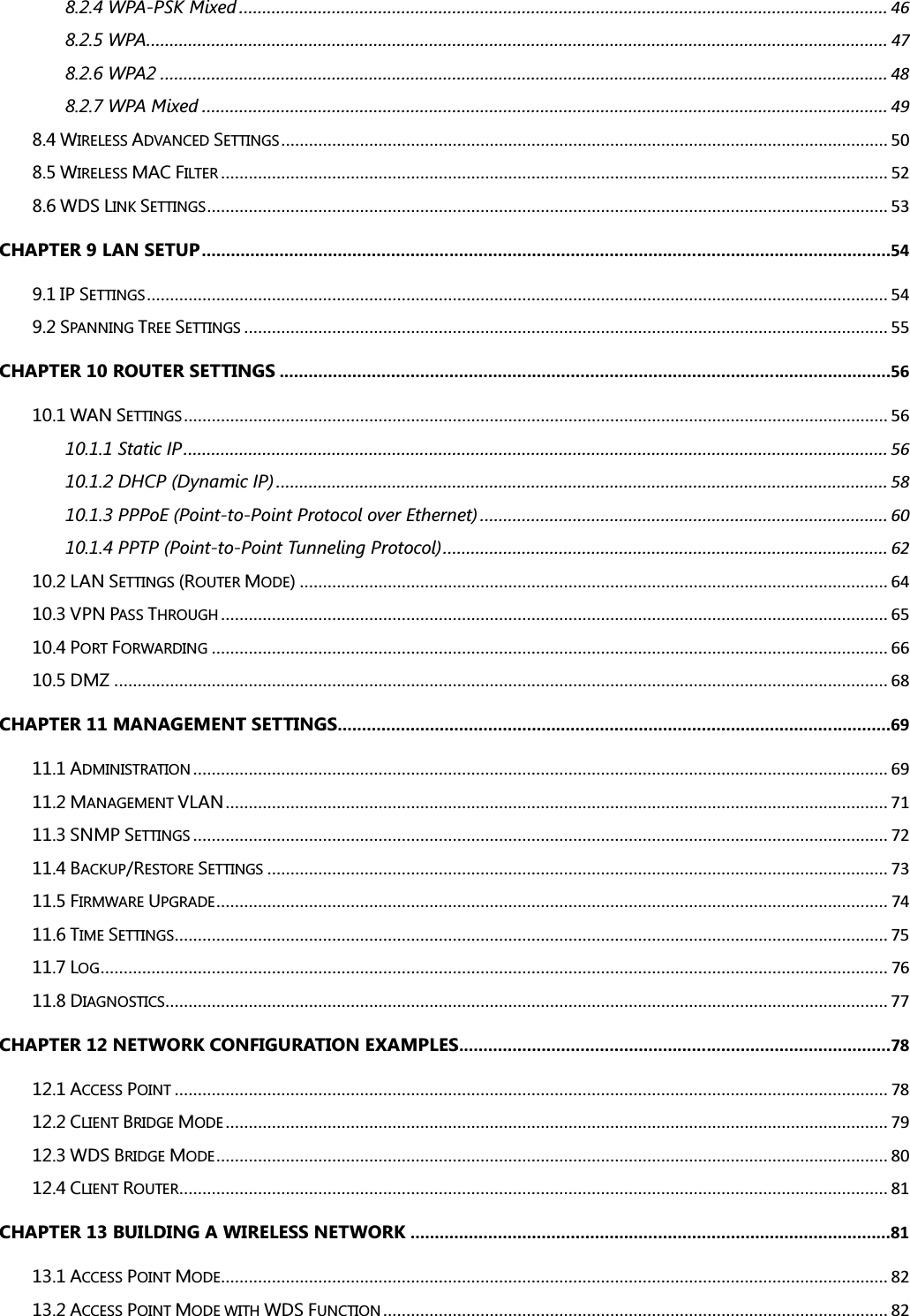 8.2.4 WPA-PSK Mixed ............................................................................................................................................ 46 8.2.5 WPA................................................................................................................................................................ 47 8.2.6 WPA2 ............................................................................................................................................................. 48 8.2.7 WPA Mixed .................................................................................................................................................... 49 8.4 WIRELESS ADVANCED SETTINGS................................................................................................................................... 50 8.5 WIRELESS MAC FILTER................................................................................................................................................ 52 8.6 WDS LINK SETTINGS................................................................................................................................................... 53 CHAPTER 9 LAN SETUP ..............................................................................................................................................54 9.1 IP SETTINGS................................................................................................................................................................ 54 9.2 SPANNING TREE SETTINGS........................................................................................................................................... 55 CHAPTER 10 ROUTER SETTINGS ..............................................................................................................................56 10.1 WAN SETTINGS........................................................................................................................................................ 56 10.1.1 Static IP........................................................................................................................................................ 56 10.1.2 DHCP (Dynamic IP) .................................................................................................................................... 58 10.1.3 PPPoE (Point-to-Point Protocol over Ethernet) ........................................................................................ 60 10.1.4 PPTP (Point-to-Point Tunneling Protocol)................................................................................................ 62 10.2 LAN SETTINGS (ROUTER MODE)............................................................................................................................... 64 10.3 VPN PASS THROUGH................................................................................................................................................ 65 10.4 PORT FORWARDING.................................................................................................................................................. 66 10.5 DMZ ....................................................................................................................................................................... 68 CHAPTER 11 MANAGEMENT SETTINGS..................................................................................................................69 11.1 ADMINISTRATION...................................................................................................................................................... 69 11.2 MANAGEMENT VLAN............................................................................................................................................... 71 11.3 SNMP SETTINGS...................................................................................................................................................... 72 11.4 BACKUP/RESTORE SETTINGS...................................................................................................................................... 73 11.5 FIRMWARE UPGRADE................................................................................................................................................. 74 11.6 TIME SETTINGS.......................................................................................................................................................... 75 11.7 LOG.......................................................................................................................................................................... 76 11.8 DIAGNOSTICS............................................................................................................................................................ 77 CHAPTER 12 NETWORK CONFIGURATION EXAMPLES.........................................................................................78 12.1 ACCESS POINT.......................................................................................................................................................... 78 12.2 CLIENT BRIDGE MODE............................................................................................................................................... 79 12.3 WDS BRIDGE MODE................................................................................................................................................. 80 12.4 CLIENT ROUTER......................................................................................................................................................... 81 CHAPTER 13 BUILDING A WIRELESS NETWORK ...................................................................................................81 13.1 ACCESS POINT MODE................................................................................................................................................ 82 13.2 ACCESS POINT MODE WITH WDS FUNCTION............................................................................................................. 82 