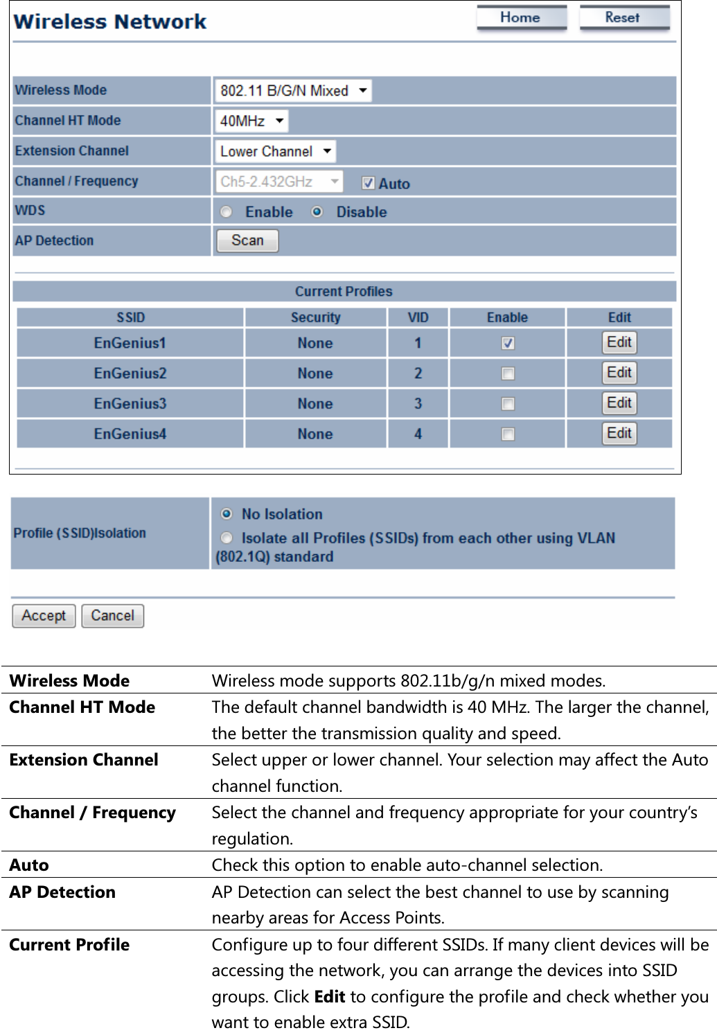   Wireless Mode  Wireless mode supports 802.11b/g/n mixed modes. Channel HT Mode  The default channel bandwidth is 40 MHz. The larger the channel, the better the transmission quality and speed. Extension Channel  Select upper or lower channel. Your selection may affect the Auto channel function. Channel / Frequency  Select the channel and frequency appropriate for your country’s regulation. Auto  Check this option to enable auto-channel selection. AP Detection  AP Detection can select the best channel to use by scanning nearby areas for Access Points. Current Profile  Configure up to four different SSIDs. If many client devices will be accessing the network, you can arrange the devices into SSID groups. Click Edit to configure the profile and check whether you want to enable extra SSID. 