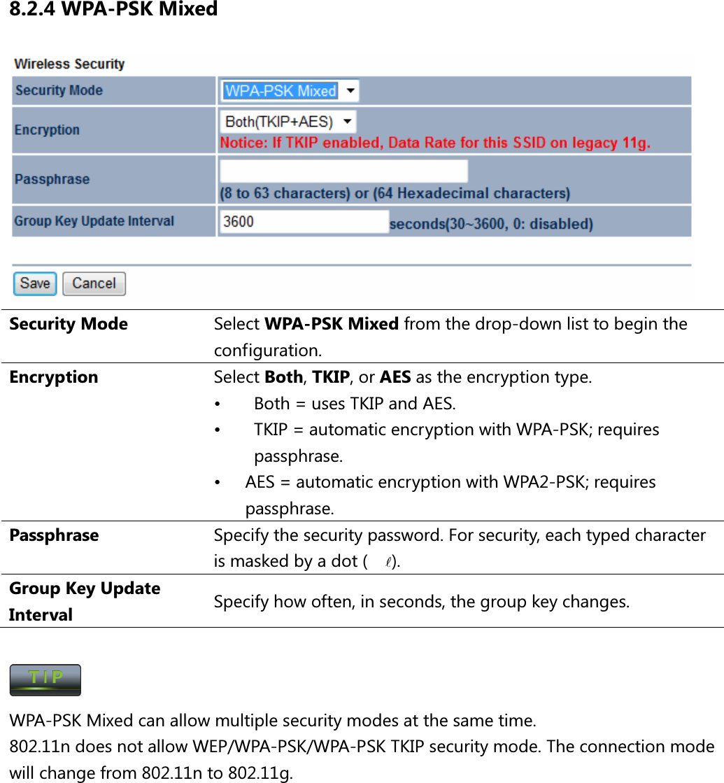8.2.4 WPA-PSK Mixed  Security Mode  Select WPA-PSK Mixed from the drop-down list to begin the configuration. Encryption  Select Both, TKIP, or AES as the encryption type. •  Both = uses TKIP and AES. •  TKIP = automatic encryption with WPA-PSK; requires passphrase. •  AES = automatic encryption with WPA2-PSK; requires passphrase. Passphrase  Specify the security password. For security, each typed character is masked by a dot (l). Group Key Update Interval  Specify how often, in seconds, the group key changes.   WPA-PSK Mixed can allow multiple security modes at the same time. 802.11n does not allow WEP/WPA-PSK/WPA-PSK TKIP security mode. The connection mode will change from 802.11n to 802.11g.       