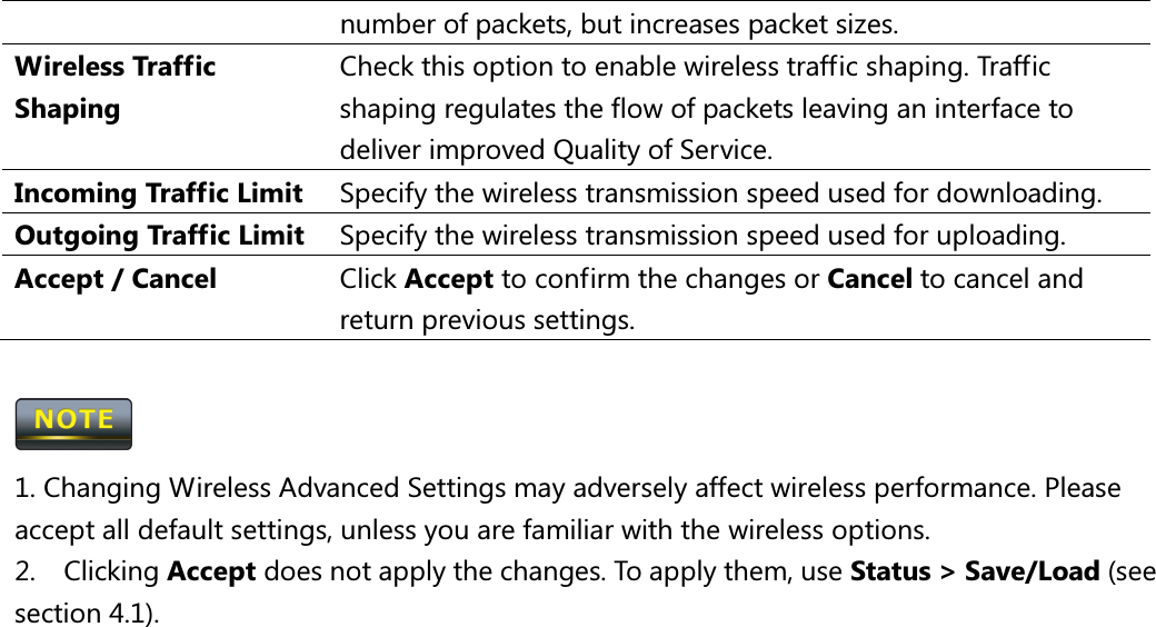 number of packets, but increases packet sizes. Wireless Traffic Shaping Check this option to enable wireless traffic shaping. Traffic shaping regulates the flow of packets leaving an interface to deliver improved Quality of Service. Incoming Traffic Limit  Specify the wireless transmission speed used for downloading. Outgoing Traffic Limit  Specify the wireless transmission speed used for uploading. Accept / Cancel  Click Accept to confirm the changes or Cancel to cancel and return previous settings.   1. Changing Wireless Advanced Settings may adversely affect wireless performance. Please accept all default settings, unless you are familiar with the wireless options. 2.    Clicking Accept does not apply the changes. To apply them, use Status &gt; Save/Load (see section 4.1).  