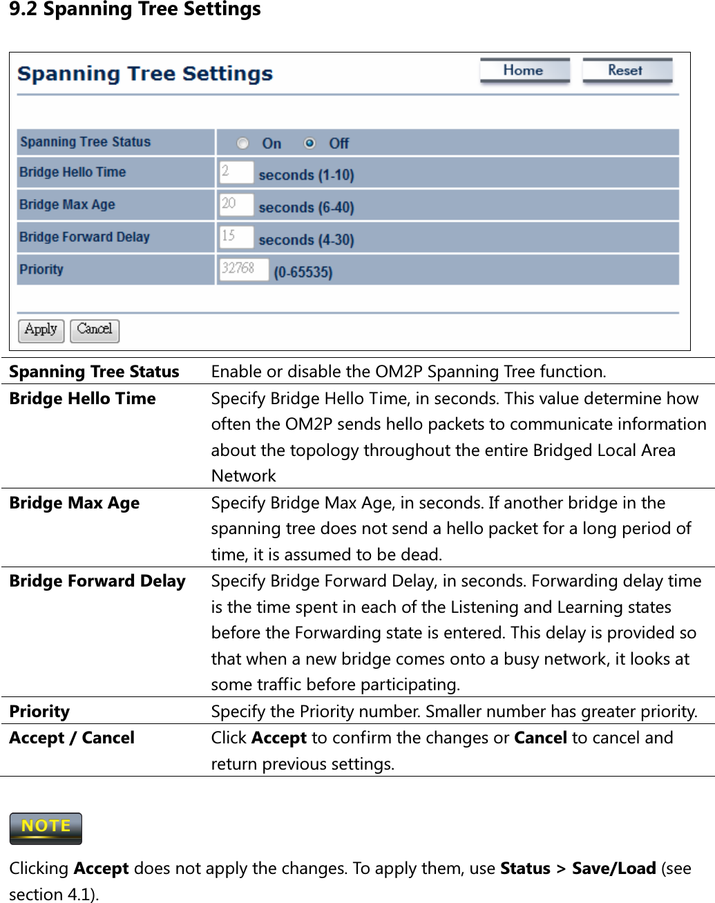 9.2 Spanning Tree Settings  Spanning Tree Status  Enable or disable the OM2P Spanning Tree function. Bridge Hello Time  Specify Bridge Hello Time, in seconds. This value determine how often the OM2P sends hello packets to communicate information about the topology throughout the entire Bridged Local Area Network Bridge Max Age  Specify Bridge Max Age, in seconds. If another bridge in the spanning tree does not send a hello packet for a long period of time, it is assumed to be dead. Bridge Forward Delay  Specify Bridge Forward Delay, in seconds. Forwarding delay time is the time spent in each of the Listening and Learning states before the Forwarding state is entered. This delay is provided so that when a new bridge comes onto a busy network, it looks at some traffic before participating.   Priority  Specify the Priority number. Smaller number has greater priority. Accept / Cancel  Click Accept to confirm the changes or Cancel to cancel and return previous settings.   Clicking Accept does not apply the changes. To apply them, use Status &gt; Save/Load (see section 4.1).     