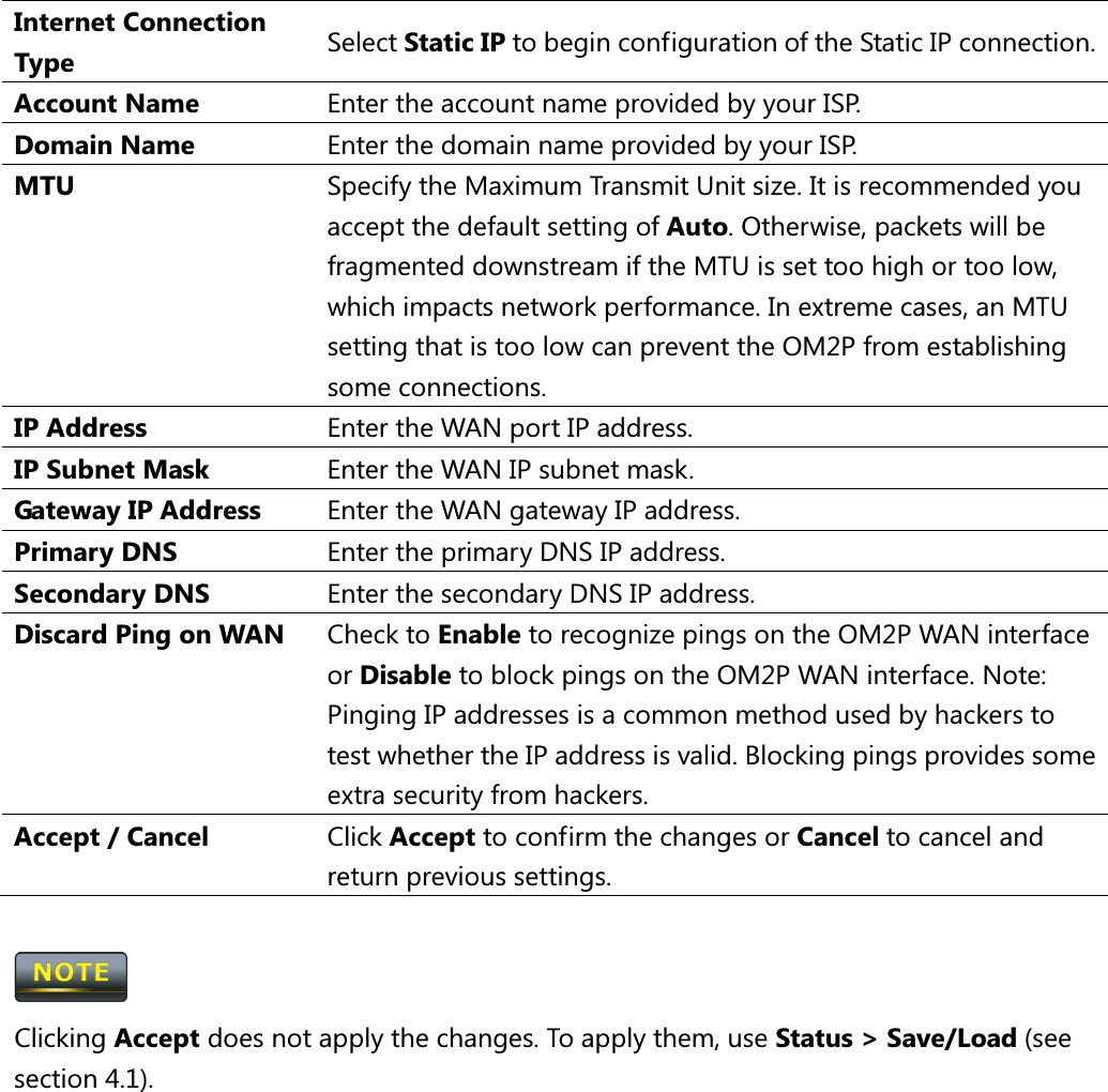  Internet Connection Type  Select Static IP to begin configuration of the Static IP connection. Account Name  Enter the account name provided by your ISP. Domain Name  Enter the domain name provided by your ISP. MTU  Specify the Maximum Transmit Unit size. It is recommended you accept the default setting of Auto. Otherwise, packets will be fragmented downstream if the MTU is set too high or too low, which impacts network performance. In extreme cases, an MTU setting that is too low can prevent the OM2P from establishing some connections. IP Address  Enter the WAN port IP address. IP Subnet Mask  Enter the WAN IP subnet mask. Gateway IP Address  Enter the WAN gateway IP address. Primary DNS  Enter the primary DNS IP address. Secondary DNS  Enter the secondary DNS IP address. Discard Ping on WAN  Check to Enable to recognize pings on the OM2P WAN interface or Disable to block pings on the OM2P WAN interface. Note: Pinging IP addresses is a common method used by hackers to test whether the IP address is valid. Blocking pings provides some extra security from hackers. Accept / Cancel  Click Accept to confirm the changes or Cancel to cancel and return previous settings.   Clicking Accept does not apply the changes. To apply them, use Status &gt; Save/Load (see section 4.1).  