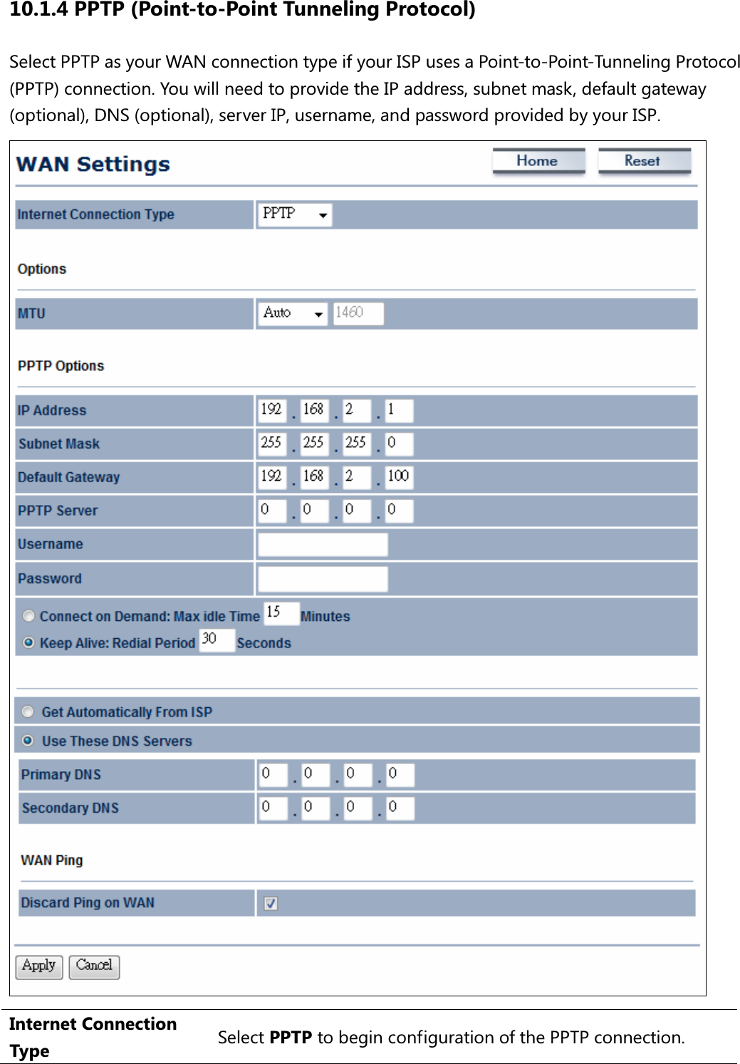 10.1.4 PPTP (Point-to-Point Tunneling Protocol) Select PPTP as your WAN connection type if your ISP uses a Point-to-Point-Tunneling Protocol (PPTP) connection. You will need to provide the IP address, subnet mask, default gateway (optional), DNS (optional), server IP, username, and password provided by your ISP.  Internet Connection Type  Select PPTP to begin configuration of the PPTP connection. 