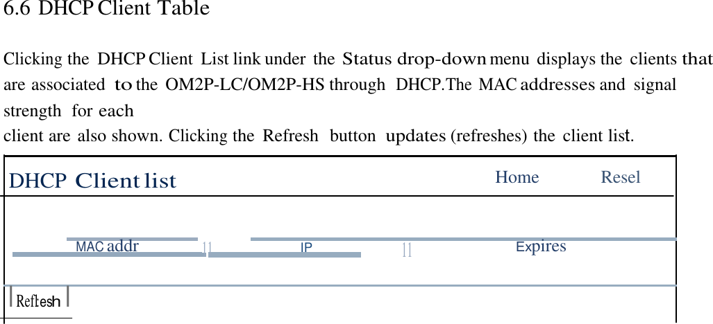 6.6 DHCP Client Table   Clicking the  DHCP Client  List link under the Status drop-down menu displays the  clients that are associated to the  OM2P-LC/OM2P-HS through  DHCP.The  MAC addresses and  signal strength  for each client are also shown. Clicking the  Refresh  button  updates (refreshes) the  client list.  DHCP Client list  Home  Resel      MAC addr  11  I Refl:esh I IP  11 Expires 