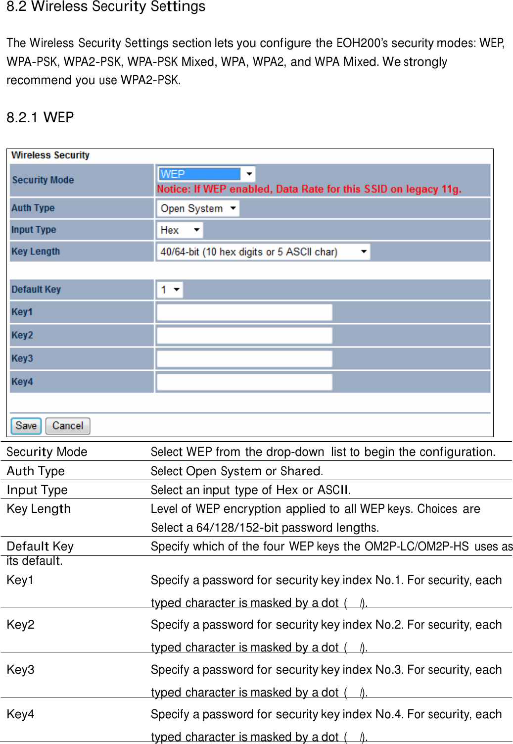  8.2 Wireless Security Settings   The Wireless Security Settings section lets you configure the EOH200’s security modes: WEP, WPA-PSK, WPA2-PSK, WPA-PSK Mixed, WPA, WPA2, and WPA Mixed. We strongly recommend you use WPA2-PSK.   8.2.1 WEP                                Security Mode  Select WEP from the drop-down  list to begin the configuration. Auth Type  Select Open System or Shared. Input Type  Select an input type of Hex or ASCII. Key Length Level of WEP encryption applied to all WEP keys. Choices are Select a 64/128/152-bit password lengths. Default Key  Specify which of the four WEP keys the OM2P-LC/OM2P-HS  uses as its default. Key1  Specify a password for security key index No.1. For security, each typed character is masked by a dot (l). Key2  Specify a password for security key index No.2. For security, each typed character is masked by a dot (l). Key3  Specify a password for security key index No.3. For security, each typed character is masked by a dot (l). Key4  Specify a password for security key index No.4. For security, each typed character is masked by a dot (l). 