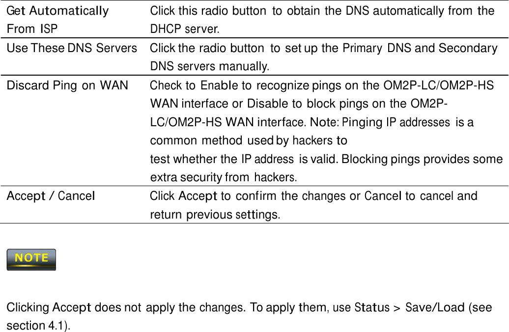  Get Automatically From ISP Click this radio button  to obtain the DNS automatically from the DHCP server. Use These DNS Servers  Click the radio button  to set up the Primary DNS and Secondary DNS servers manually. Discard Ping on WAN  Check to Enable to recognize pings on the OM2P-LC/OM2P-HS WAN interface or Disable to block pings on the OM2P-LC/OM2P-HS WAN interface. Note: Pinging IP addresses is a common method used by hackers to test whether the IP address is valid. Blocking pings provides some extra security from hackers. Accept / Cancel Click Accept to confirm the changes or Cancel to cancel and return previous settings.        Clicking Accept does not apply the changes. To apply them, use Status &gt; Save/Load (see section 4.1). 