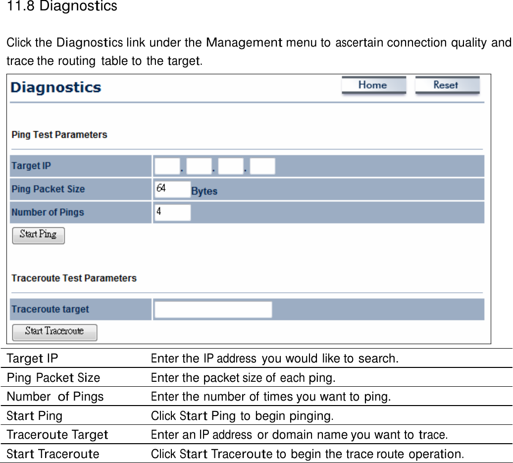 11.8 Diagnostics   Click the Diagnostics link under the Management menu to ascertain connection quality and trace the routing  table to the target.                            Target IP Enter the IP address you would like to search. Ping Packet Size Enter the packet size of each ping. Number  of Pings  Enter the number of times you want to ping. Start Ping  Click Start Ping to begin pinging. Traceroute Target Enter an IP address or domain name you want to trace. Start Traceroute Click Start Traceroute to begin the trace route operation. 