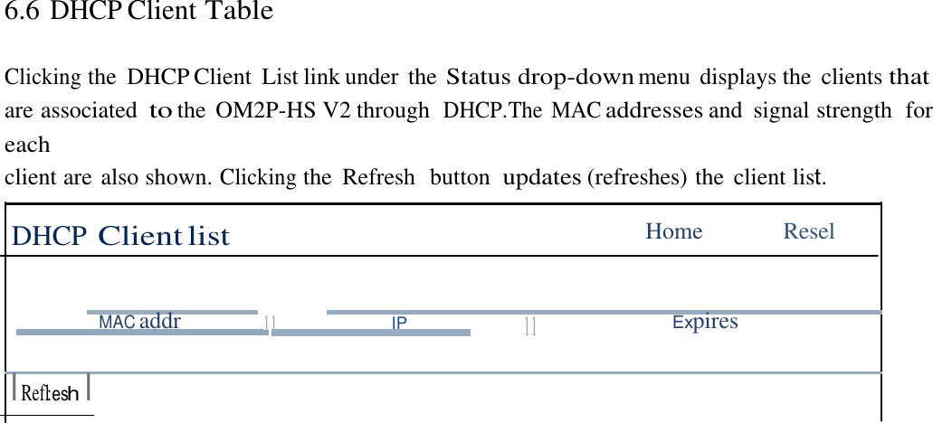 6.6 DHCP Client Table   Clicking the  DHCP Client  List link under the Status drop-down menu displays the  clients that are associated to the  OM2P-HS V2 through  DHCP.The  MAC addresses and  signal strength  for each client are also shown. Clicking the  Refresh  button  updates (refreshes) the  client list.  DHCP Client list  Home  Resel      MAC addr  11  I Refl:esh I IP  11 Expires 