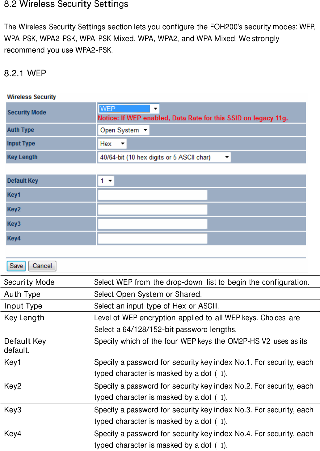  8.2 Wireless Security Settings   The Wireless Security Settings section lets you configure the EOH200’s security modes: WEP, WPA-PSK, WPA2-PSK, WPA-PSK Mixed, WPA, WPA2, and WPA Mixed. We strongly recommend you use WPA2-PSK.   8.2.1 WEP                                Security Mode  Select WEP from the drop-down  list to begin the configuration. Auth Type  Select Open System or Shared. Input Type  Select an input type of Hex or ASCII. Key Length Level of WEP encryption applied to all WEP keys. Choices are Select a 64/128/152-bit password lengths. Default Key  Specify which of the four WEP keys the OM2P-HS V2  uses as its default. Key1  Specify a password for security key index No.1. For security, each typed character is masked by a dot (l). Key2  Specify a password for security key index No.2. For security, each typed character is masked by a dot (l). Key3  Specify a password for security key index No.3. For security, each typed character is masked by a dot (l). Key4  Specify a password for security key index No.4. For security, each typed character is masked by a dot (l). 