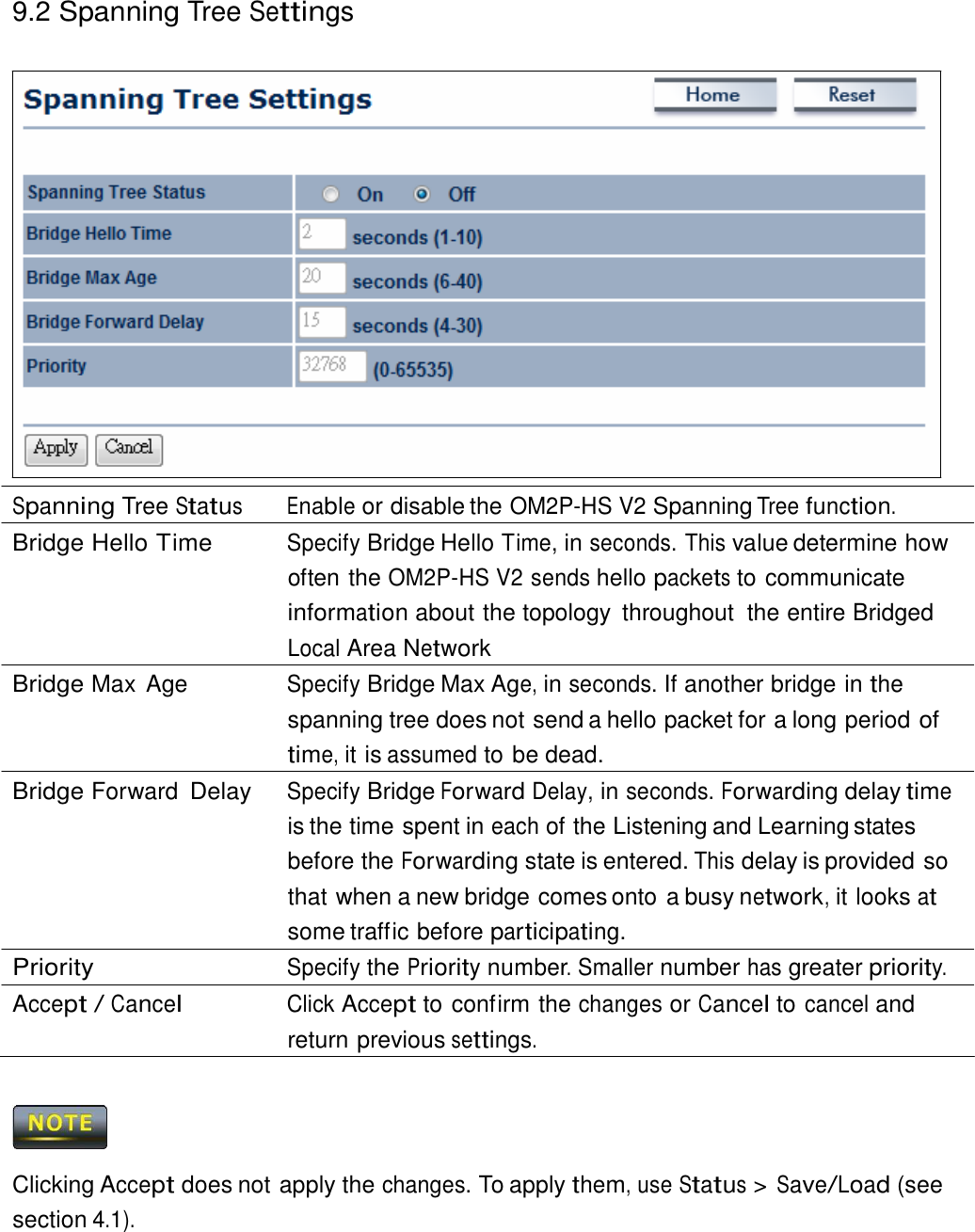 9.2 Spanning Tree Settings                          Spanning Tree Status Enable or disable the OM2P-HS V2 Spanning Tree function. Bridge Hello Time Specify Bridge Hello Time, in seconds. This value determine how often the OM2P-HS V2 sends hello packets to communicate information about the topology  throughout  the entire Bridged Local Area Network Bridge Max  Age  Specify Bridge Max Age, in seconds. If another bridge in the spanning tree does not send a hello packet for a long period of time, it is assumed to be dead. Bridge Forward Delay  Specify Bridge Forward Delay, in seconds. Forwarding delay time is the time spent in each of the Listening and Learning states before the Forwarding state is entered. This delay is provided so that when a new bridge comes onto a busy network, it looks at some traffic before participating. Priority  Specify the Priority number. Smaller number has greater priority. Accept / Cancel Click Accept to confirm the changes or Cancel to cancel and return previous settings.      Clicking Accept does not apply the changes. To apply them, use Status &gt; Save/Load (see section 4.1). 