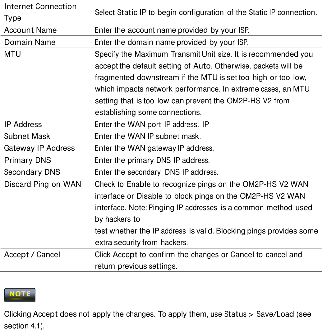  Internet Connection Type  Select Static IP to begin configuration of the Static IP connection. Account Name  Enter the account name provided by your ISP. Domain Name  Enter the domain name provided by your ISP. MTU  Specify the Maximum Transmit Unit size. It is recommended you accept the default setting of Auto. Otherwise, packets will be fragmented downstream if the MTU is set too high or too low, which impacts network performance. In extreme cases, an MTU setting that is too low can prevent the OM2P-HS V2 from establishing some connections. IP Address  Enter the WAN port IP address. IP Subnet Mask  Enter the WAN IP subnet mask. Gateway IP Address  Enter the WAN gateway IP address. Primary DNS  Enter the primary DNS IP address. Secondary DNS  Enter the secondary  DNS IP address. Discard Ping on WAN  Check to Enable to recognize pings on the OM2P-HS V2 WAN interface or Disable to block pings on the OM2P-HS V2 WAN interface. Note: Pinging IP addresses is a common method used by hackers to test whether the IP address is valid. Blocking pings provides some extra security from hackers. Accept / Cancel Click Accept to confirm the changes or Cancel to cancel and return previous settings.      Clicking Accept does not apply the changes. To apply them, use Status &gt; Save/Load (see section 4.1). 