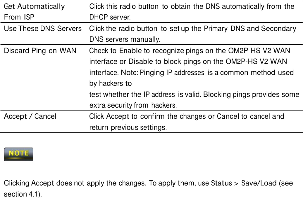  Get Automatically From ISP Click this radio button  to obtain the DNS automatically from the DHCP server. Use These DNS Servers  Click the radio button  to set up the Primary DNS and Secondary DNS servers manually. Discard Ping on WAN  Check to Enable to recognize pings on the OM2P-HS V2 WAN interface or Disable to block pings on the OM2P-HS V2 WAN interface. Note: Pinging IP addresses is a common method used by hackers to test whether the IP address is valid. Blocking pings provides some extra security from hackers. Accept / Cancel Click Accept to confirm the changes or Cancel to cancel and return previous settings.        Clicking Accept does not apply the changes. To apply them, use Status &gt; Save/Load (see section 4.1). 