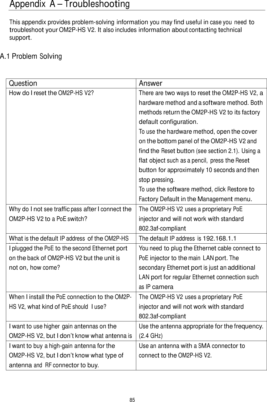  Appendix  A – Troubleshooting   This appendix provides problem-solving information you may find useful in case you need to troubleshoot your OM2P-HS V2. It also includes information about contacting technical support.   A.1 Problem Solving    Question Answer How do I reset the OM2P-HS V2? There are two ways to reset the OM2P-HS V2, a hardware method and a software method. Both methods return the OM2P-HS V2 to its factory default configuration. To use the hardware method, open the cover on the bottom panel of the OM2P-HS V2 and find the Reset button (see section 2.1). Using a flat object such as a pencil,  press the Reset button for approximately 10 seconds and then stop pressing. To use the software method, click Restore to Factory Default in the Management menu. Why do I not see traffic pass after I connect the OM2P-HS V2 to a PoE switch? The OM2P-HS V2 uses a proprietary PoE injector and will not work with standard 802.3af-compliant What is the default IP address of the OM2P-HS V2? The default IP address  is 192.168.1.1 I plugged the PoE to the second Ethernet port on the back of OM2P-HS V2 but the unit is not on, how come? You need to plug the Ethernet cable connect to PoE injector to the main  LAN port. The secondary Ethernet port is just an additional LAN port for regular Ethernet connection such as IP camera When I install the PoE connection to the OM2P-HS V2, what kind of PoE should  I use? The OM2P-HS V2 uses a proprietary PoE injector and will not work with standard 802.3af-compliant I want to use higher gain antennas on the OM2P-HS V2, but I don’t know what antenna is right. Use the antenna appropriate for the frequency. (2.4 GHz) I want to buy a high-gain antenna for the OM2P-HS V2, but I don’t know what type of antenna and  RF connector to buy. Use an antenna with a SMA connector to connect to the OM2P-HS V2.      85 