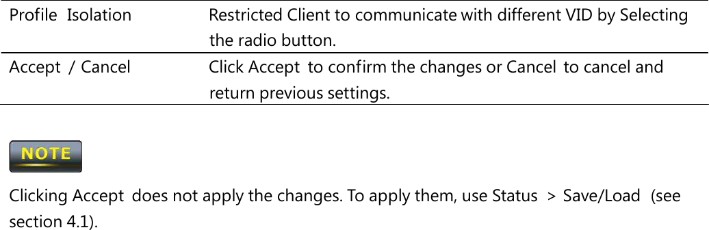 Profile  Isolation   Restricted Client to communicate with different VID by Selecting the radio button. Accept  / Cancel   Click Accept  to confirm the changes or Cancel  to cancel and return previous settings.  Clicking Accept  does not apply the changes. To apply them, use Status  &gt; Save/Load  (see section 4.1). 