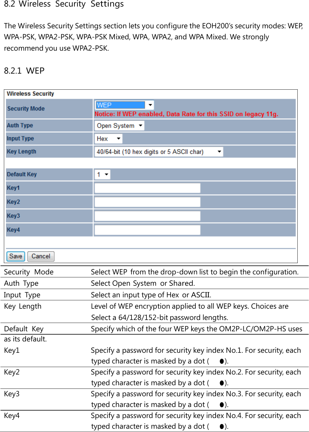 8.2 Wireless  Security  Settings The Wireless Security Settings section lets you configure the EOH200’s security modes: WEP, WPA-PSK, WPA2-PSK, WPA-PSK Mixed, WPA, WPA2, and WPA Mixed. We strongly recommend you use WPA2-PSK. 8.2.1 WEP Security  Mode   Select WEP  from the drop-down list to begin the configuration. Auth Type   Select Open System or Shared. Input Type   Select an input type of Hex or ASCII. Key  Length   Level of WEP encryption applied to all WEP keys. Choices are Select a 64/128/152-bit password lengths. Default  Key   Specify which of the four WEP keys the OM2P-LC/OM2P-HS uses as its default. Key1   Specify a password for security key index No.1. For security, each typed character is masked by a dot (　● ). Key2   Specify a password for security key index No.2. For security, each typed character is masked by a dot (　● ). Key3   Specify a password for security key index No.3. For security, each typed character is masked by a dot (　● ). Key4   Specify a password for security key index No.4. For security, each typed character is masked by a dot (　● ). 