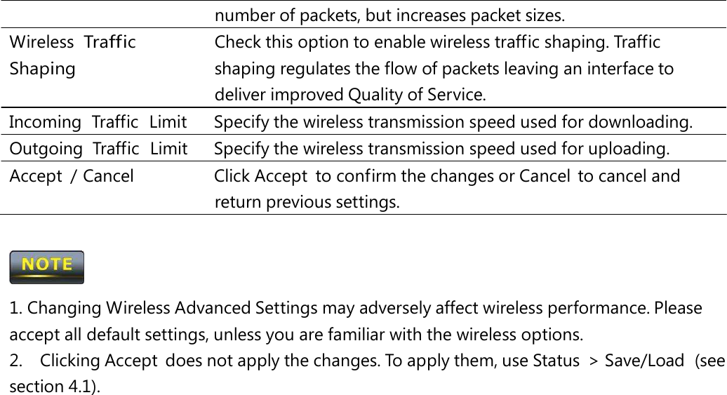 Wireless Traffic Shaping number of packets, but increases packet sizes. Check this option to enable wireless traffic shaping. Traffic shaping regulates the flow of packets leaving an interface to deliver improved Quality of Service. Incoming  Traffic  Limit   Specify the wireless transmission speed used for downloading. Outgoing Traffic  Limit   Specify the wireless transmission speed used for uploading. Accept  / Cancel   Click Accept  to confirm the changes or Cancel  to cancel and return previous settings.  1. Changing Wireless Advanced Settings may adversely affect wireless performance. Please accept all default settings, unless you are familiar with the wireless options. 2.  Clicking Accept  does not apply the changes. To apply them, use Status  &gt; Save/Load  (see section 4.1). 