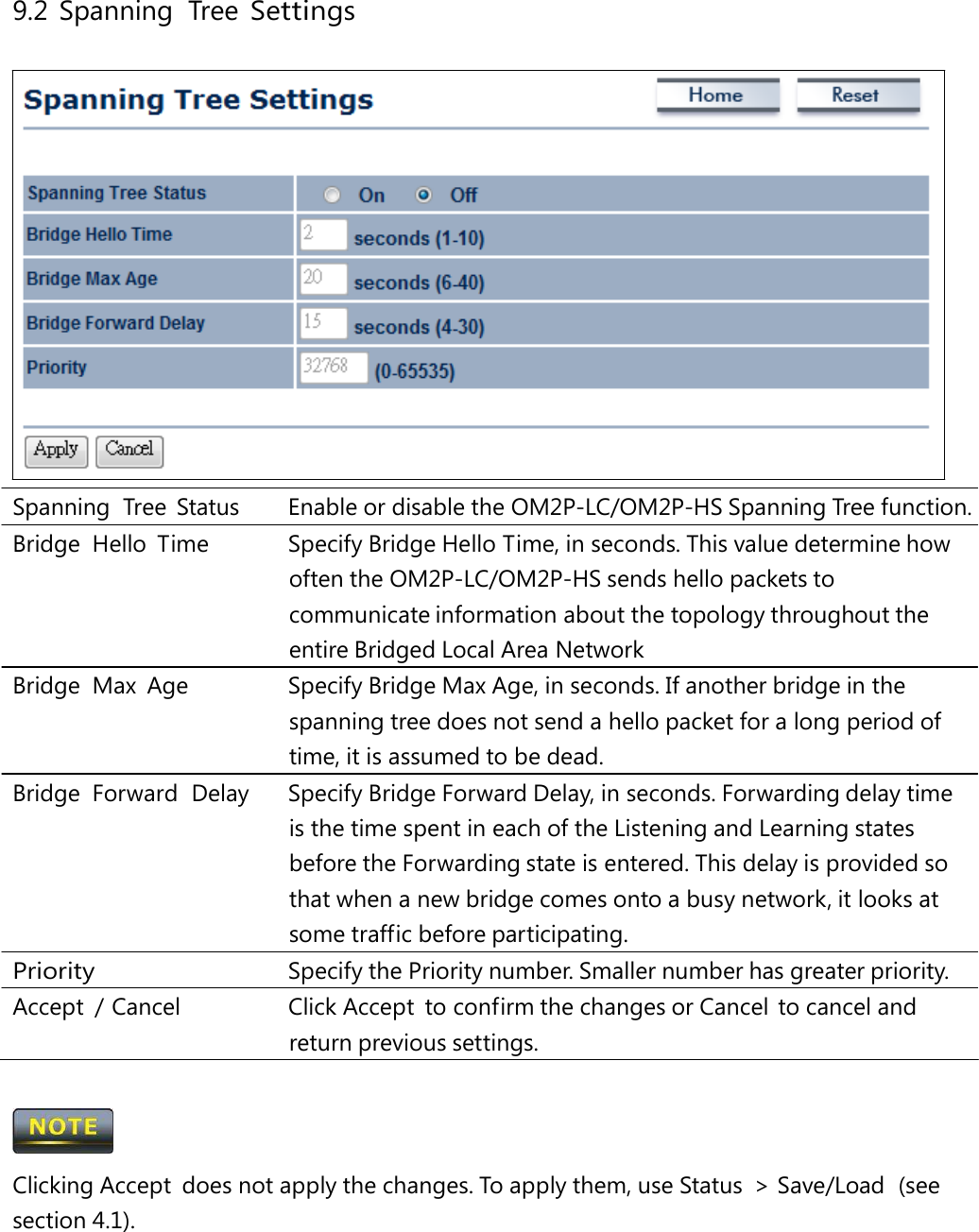 9.2 Spanning  Tree Settings Spanning  Tree  Status   Enable or disable the OM2P-LC/OM2P-HS Spanning Tree function. Bridge  Hello  Time   Specify Bridge Hello Time, in seconds. This value determine how often the OM2P-LC/OM2P-HS sends hello packets to communicate information about the topology throughout the entire Bridged Local Area Network Bridge  Max  Age   Specify Bridge Max Age, in seconds. If another bridge in the spanning tree does not send a hello packet for a long period of time, it is assumed to be dead. Bridge  Forward  Delay   Specify Bridge Forward Delay, in seconds. Forwarding delay time is the time spent in each of the Listening and Learning states before the Forwarding state is entered. This delay is provided so that when a new bridge comes onto a busy network, it looks at some traffic before participating. Priority   Specify the Priority number. Smaller number has greater priority. Accept  / Cancel   Click Accept  to confirm the changes or Cancel  to cancel and return previous settings.  Clicking Accept  does not apply the changes. To apply them, use Status  &gt; Save/Load  (see section 4.1). 