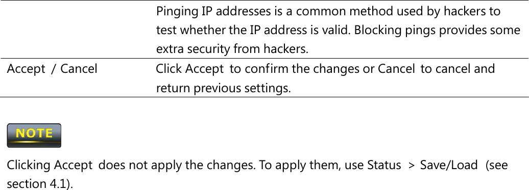 Pinging IP addresses is a common method used by hackers to test whether the IP address is valid. Blocking pings provides some extra security from hackers. Accept  / Cancel   Click Accept  to confirm the changes or Cancel  to cancel and return previous settings.  Clicking Accept  does not apply the changes. To apply them, use Status  &gt; Save/Load  (see section 4.1). 