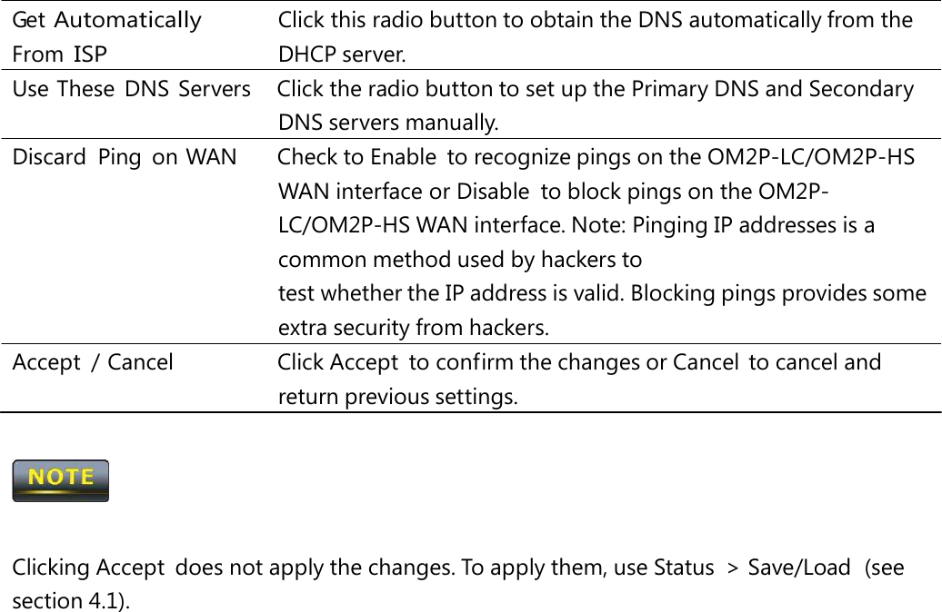 Get Automatically From ISP Click this radio button to obtain the DNS automatically from the DHCP server. Use These  DNS  Servers   Click the radio button to set up the Primary DNS and Secondary DNS servers manually. Discard  Ping  on WAN   Check to Enable  to recognize pings on the OM2P-LC/OM2P-HS WAN interface or Disable  to block pings on the OM2P-LC/OM2P-HS WAN interface. Note: Pinging IP addresses is a common method used by hackers to test whether the IP address is valid. Blocking pings provides some extra security from hackers. Accept  / Cancel   Click Accept  to confirm the changes or Cancel  to cancel and return previous settings.  Clicking Accept  does not apply the changes. To apply them, use Status  &gt; Save/Load  (see section 4.1). 