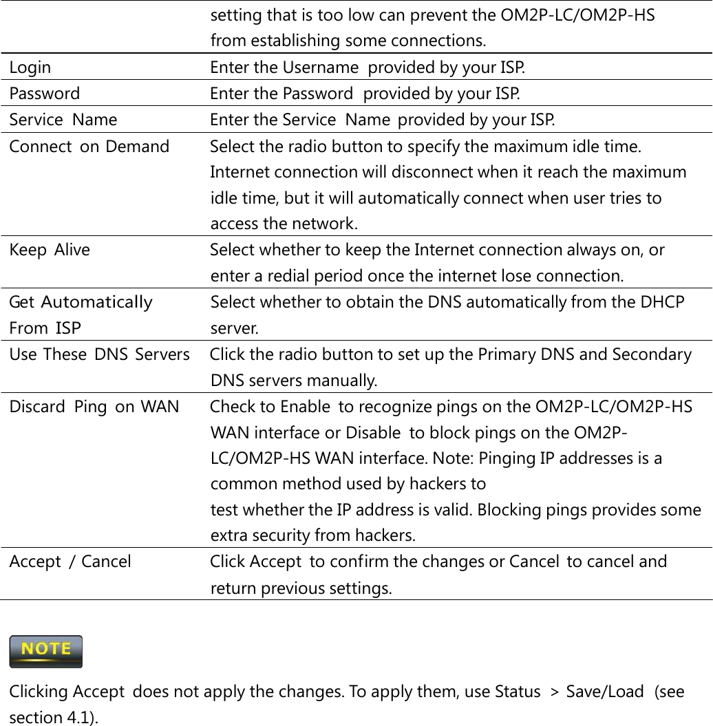 setting that is too low can prevent the OM2P-LC/OM2P-HS from establishing some connections. Login   Enter the Username  provided by your ISP. Password   Enter the Password  provided by your ISP. Service  Name   Enter the Service  Name  provided by your ISP. Connect  on Demand   Select the radio button to specify the maximum idle time. Internet connection will disconnect when it reach the maximum idle time, but it will automatically connect when user tries to access the network. Keep  Alive   Select whether to keep the Internet connection always on, or enter a redial period once the internet lose connection. Get Automatically From ISP Select whether to obtain the DNS automatically from the DHCP server. Use These  DNS  Servers   Click the radio button to set up the Primary DNS and Secondary DNS servers manually. Discard  Ping  on WAN   Check to Enable  to recognize pings on the OM2P-LC/OM2P-HS WAN interface or Disable  to block pings on the OM2P-LC/OM2P-HS WAN interface. Note: Pinging IP addresses is a common method used by hackers to test whether the IP address is valid. Blocking pings provides some extra security from hackers. Accept  / Cancel   Click Accept  to confirm the changes or Cancel  to cancel and return previous settings.  Clicking Accept  does not apply the changes. To apply them, use Status  &gt; Save/Load  (see section 4.1). 