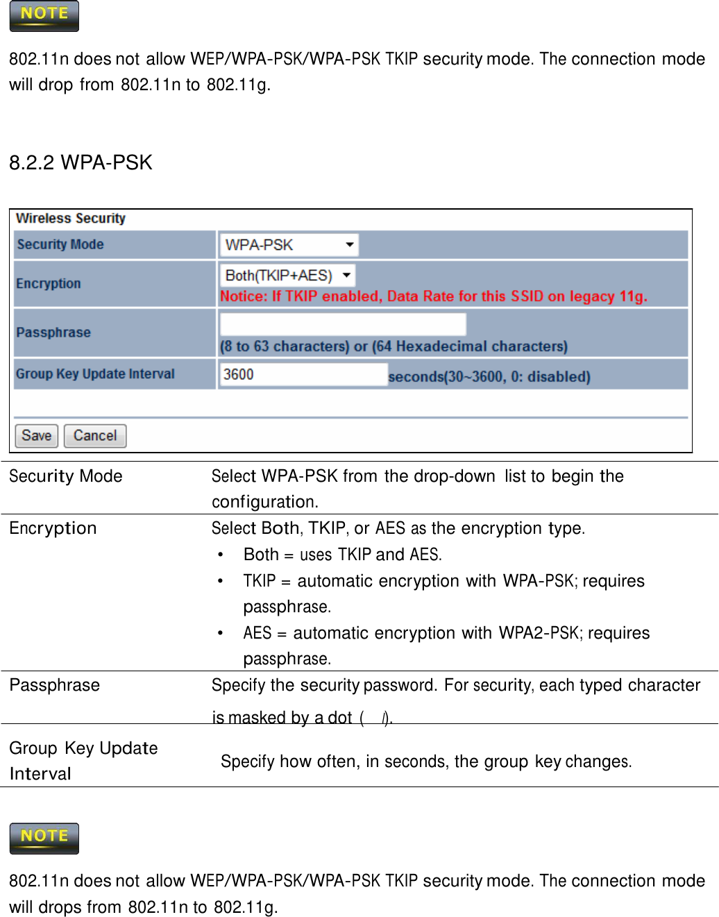    802.11n does not allow WEP/WPA-PSK/WPA-PSK TKIP security mode. The connection mode will drop from 802.11n to 802.11g.     8.2.2 WPA-PSK                     Security Mode  Select WPA-PSK from the drop-down  list to begin the configuration. Encryption Select Both, TKIP, or AES as the encryption type. •   Both = uses TKIP and AES. •  TKIP = automatic encryption with WPA-PSK; requires passphrase. •  AES = automatic encryption with WPA2-PSK; requires passphrase. Passphrase Specify the security password. For security, each typed character is masked by a dot (l). Group Key Update Interval  Specify how often, in seconds, the group key changes.      802.11n does not allow WEP/WPA-PSK/WPA-PSK TKIP security mode. The connection mode will drops from 802.11n to 802.11g. 