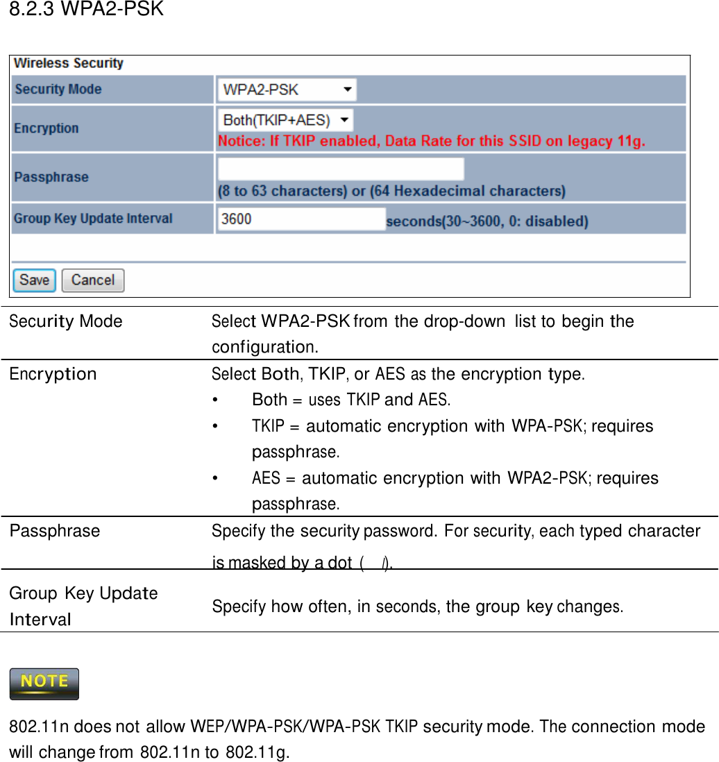 8.2.3 WPA2-PSK                      Security Mode  Select WPA2-PSK from the drop-down  list to begin the configuration. Encryption Select Both, TKIP, or AES as the encryption type. •   Both = uses TKIP and AES. •  TKIP = automatic encryption with WPA-PSK; requires passphrase. •  AES = automatic encryption with WPA2-PSK; requires passphrase. Passphrase Specify the security password. For security, each typed character is masked by a dot (l). Group Key Update Interval  Specify how often, in seconds, the group key changes.      802.11n does not allow WEP/WPA-PSK/WPA-PSK TKIP security mode. The connection mode will change from 802.11n to 802.11g. 