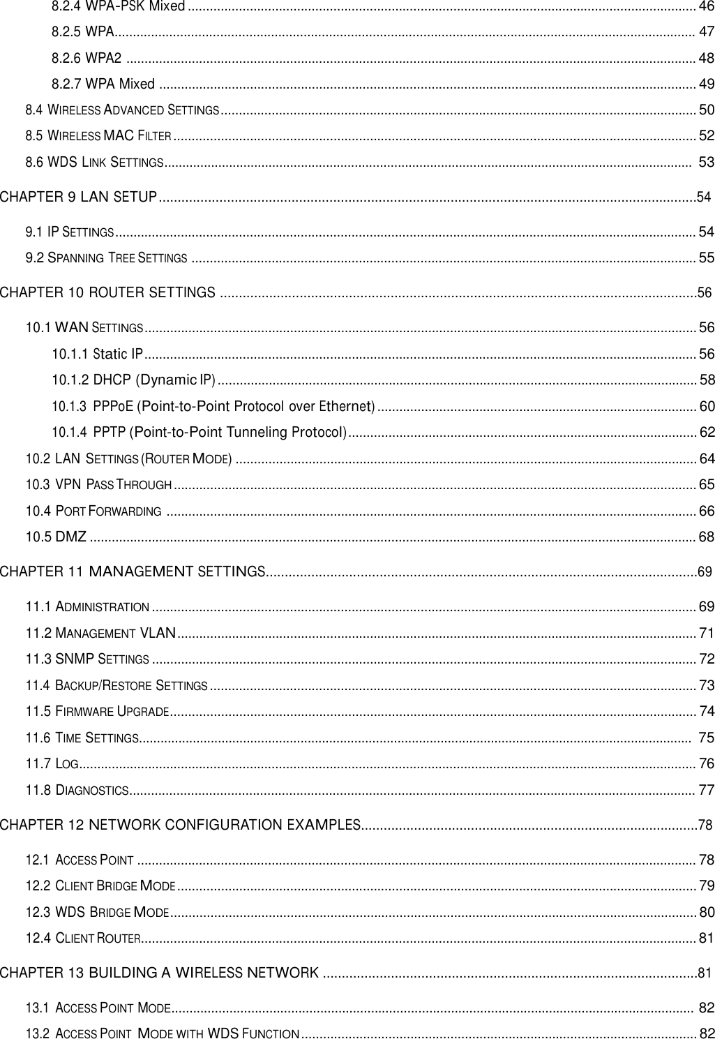 8.2.4 WPA-PSK Mixed ............................................................................................................................................ 46  8.2.5 WPA................................................................................................................................................................ 47  8.2.6 WPA2 ............................................................................................................................................................. 48  8.2.7 WPA Mixed .................................................................................................................................................... 49   8.4 WIRELESS ADVANCED SETTINGS ................................................................................................................................... 50  8.5 WIRELESS MAC FILTER ................................................................................................................................................ 52  8.6 WDS LINK SETTINGS................................................................................................................................................... 53  CHAPTER 9 LAN SETUP ..............................................................................................................................................54  9.1 IP SETTINGS ................................................................................................................................................................ 54  9.2 SPANNING TREE SETTINGS ........................................................................................................................................... 55  CHAPTER 10 ROUTER SETTINGS ..............................................................................................................................56  10.1 WAN SETTINGS ........................................................................................................................................................ 56  10.1.1 Static IP ........................................................................................................................................................ 56  10.1.2 DHCP (Dynamic IP) .................................................................................................................................... 58  10.1.3  PPPoE (Point-to-Point Protocol over Ethernet) ........................................................................................ 60  10.1.4  PPTP (Point-to-Point Tunneling Protocol) ................................................................................................ 62  10.2 LAN SETTINGS (ROUTER MODE) ............................................................................................................................... 64  10.3 VPN PASS THROUGH ................................................................................................................................................ 65  10.4 PORT FORWARDING .................................................................................................................................................. 66  10.5 DMZ ....................................................................................................................................................................... 68  CHAPTER 11 MANAGEMENT SETTINGS..................................................................................................................69  11.1 ADMINISTRATION ...................................................................................................................................................... 69  11.2 MANAGEMENT VLAN ............................................................................................................................................... 71  11.3 SNMP SETTINGS ...................................................................................................................................................... 72  11.4 BACKUP/RESTORE SETTINGS ...................................................................................................................................... 73  11.5 FIRMWARE UPGRADE................................................................................................................................................. 74  11.6 TIME SETTINGS.......................................................................................................................................................... 75  11.7 LOG.......................................................................................................................................................................... 76  11.8 DIAGNOSTICS............................................................................................................................................................ 77  CHAPTER 12 NETWORK CONFIGURATION EXAMPLES.........................................................................................78  12.1  ACCESS POINT .......................................................................................................................................................... 78  12.2 CLIENT BRIDGE MODE ............................................................................................................................................... 79  12.3 WDS BRIDGE MODE ................................................................................................................................................. 80  12.4 CLIENT ROUTER......................................................................................................................................................... 81  CHAPTER 13 BUILDING A WIRELESS NETWORK ...................................................................................................81  13.1  ACCESS POINT MODE................................................................................................................................................ 82  13.2  ACCESS POINT  MODE WITH WDS FUNCTION ............................................................................................................. 82 