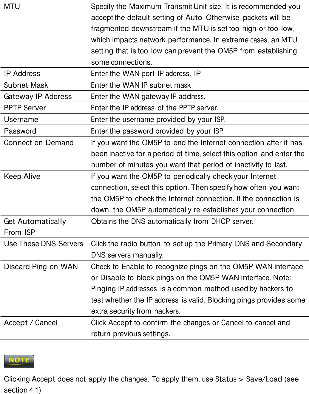  MTU  Specify the Maximum Transmit Unit size. It is recommended you accept the default setting of Auto. Otherwise, packets will be fragmented downstream if the MTU is set too high or too low, which impacts network performance. In extreme cases, an MTU setting that is too low can prevent the OM5P from establishing some connections. IP Address  Enter the WAN port IP address. IP Subnet Mask  Enter the WAN IP subnet mask. Gateway IP Address  Enter the WAN gateway IP address. PPTP Server Enter the IP address of the PPTP server. Username  Enter the username provided by your ISP. Password  Enter the password provided by your ISP. Connect on Demand   If you want the OM5P to end the Internet connection after it has been inactive for a period of time, select this option  and enter the number of minutes you want that period of inactivity to last. Keep Alive   If you want the OM5P to periodically check your Internet connection, select this option. Then specify how often you want the OM5P to check the Internet connection. If the connection is down, the OM5P automatically re-establishes your connection Get Automatically From ISP Obtains the DNS automatically from DHCP server. Use These DNS Servers  Click the radio button  to set up the Primary DNS and Secondary DNS servers manually. Discard Ping on WAN  Check to Enable to recognize pings on the OM5P WAN interface or Disable to block pings on the OM5P WAN interface. Note: Pinging IP addresses is a common method used by hackers to test whether the IP address is valid. Blocking pings provides some extra security from hackers. Accept / Cancel Click Accept to confirm the changes or Cancel to cancel and return previous settings.      Clicking Accept does not apply the changes. To apply them, use Status &gt; Save/Load (see section 4.1). 