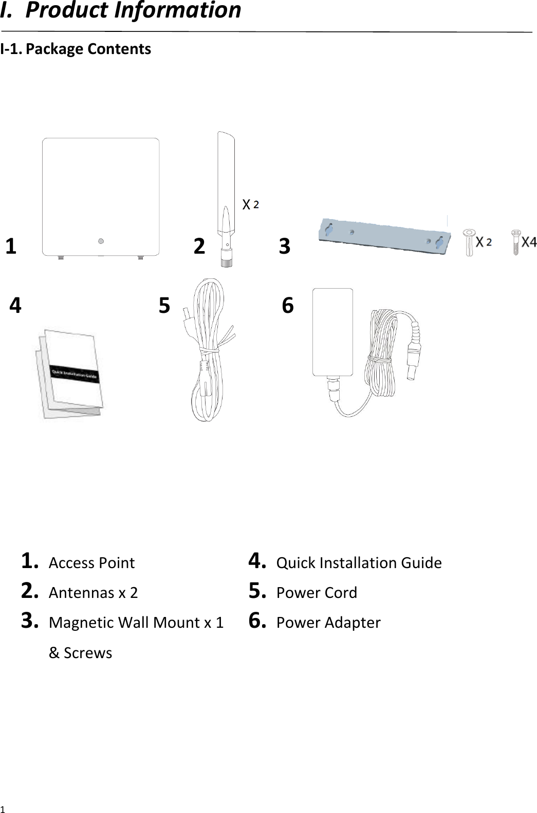  1 I. Product Information I-1. Package Contents                                                  1.   Access Point 2.   Antennas x 2 3.   Magnetic Wall Mount x 1 &amp; Screws  4.   Quick Installation Guide 5.   Power Cord 6.   Power Adapter    1 2 3 4 5 6 1 