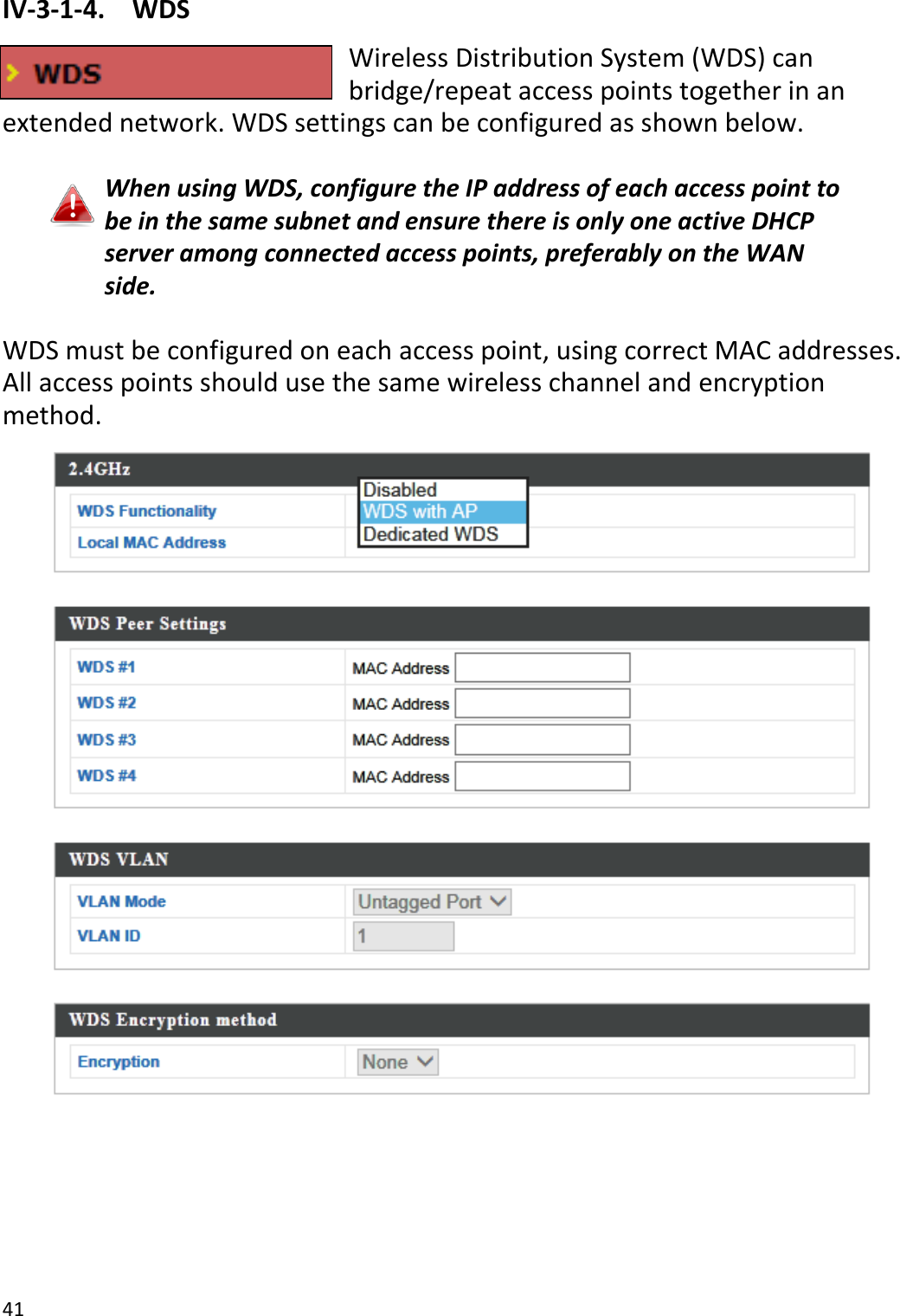 41  IV-3-1-4.  WDS Wireless Distribution System (WDS) can bridge/repeat access points together in an extended network. WDS settings can be configured as shown below.  When using WDS, configure the IP address of each access point to be in the same subnet and ensure there is only one active DHCP server among connected access points, preferably on the WAN side.  WDS must be configured on each access point, using correct MAC addresses. All access points should use the same wireless channel and encryption method.  
