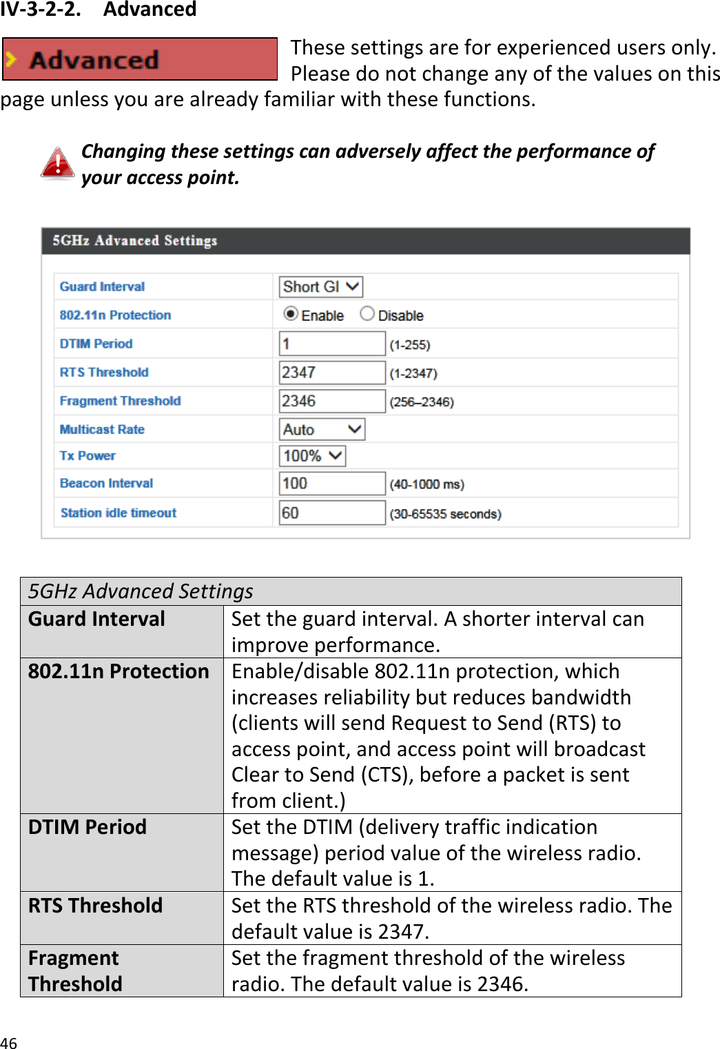 46  IV-3-2-2.  Advanced These settings are for experienced users only. Please do not change any of the values on this page unless you are already familiar with these functions.  Changing these settings can adversely affect the performance of your access point.    5GHz Advanced Settings Guard Interval Set the guard interval. A shorter interval can improve performance. 802.11n Protection Enable/disable 802.11n protection, which increases reliability but reduces bandwidth (clients will send Request to Send (RTS) to access point, and access point will broadcast Clear to Send (CTS), before a packet is sent from client.) DTIM Period Set the DTIM (delivery traffic indication message) period value of the wireless radio. The default value is 1. RTS Threshold Set the RTS threshold of the wireless radio. The default value is 2347. Fragment Threshold Set the fragment threshold of the wireless radio. The default value is 2346. 