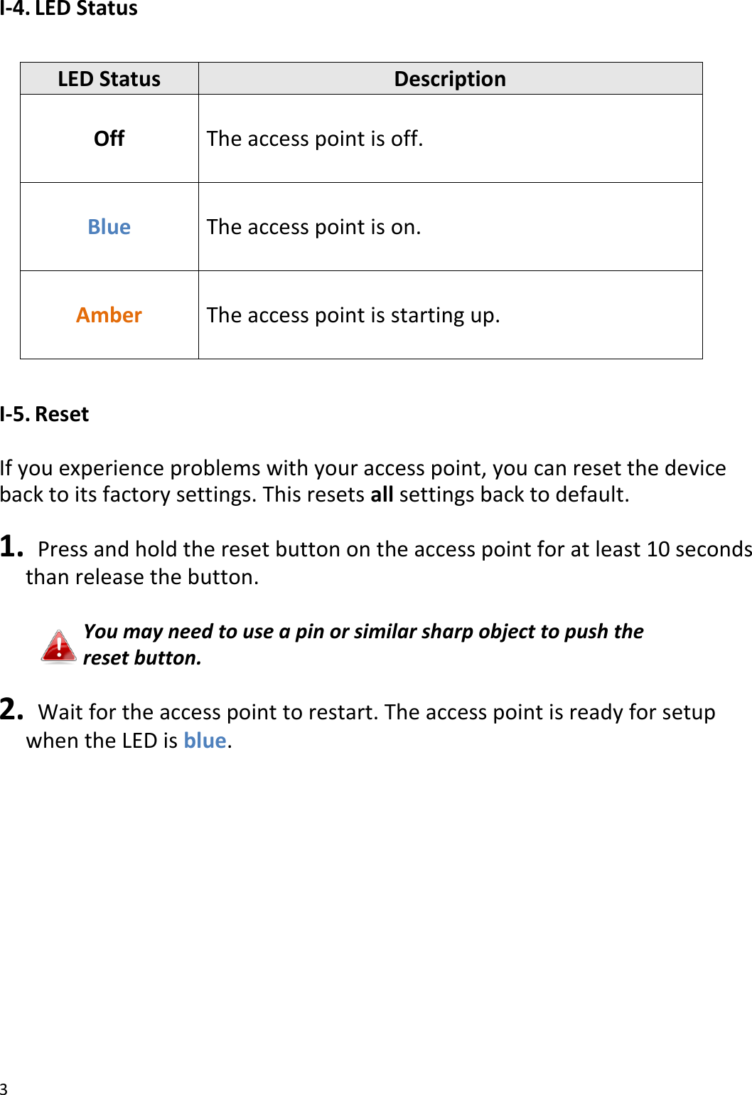 3  I-4. LED Status  LED Status Description Off The access point is off. Blue The access point is on. Amber The access point is starting up.  I-5. Reset  If you experience problems with your access point, you can reset the device back to its factory settings. This resets all settings back to default.  1.   Press and hold the reset button on the access point for at least 10 seconds than release the button.    You may need to use a pin or similar sharp object to push the reset button.  2.   Wait for the access point to restart. The access point is ready for setup when the LED is blue.   