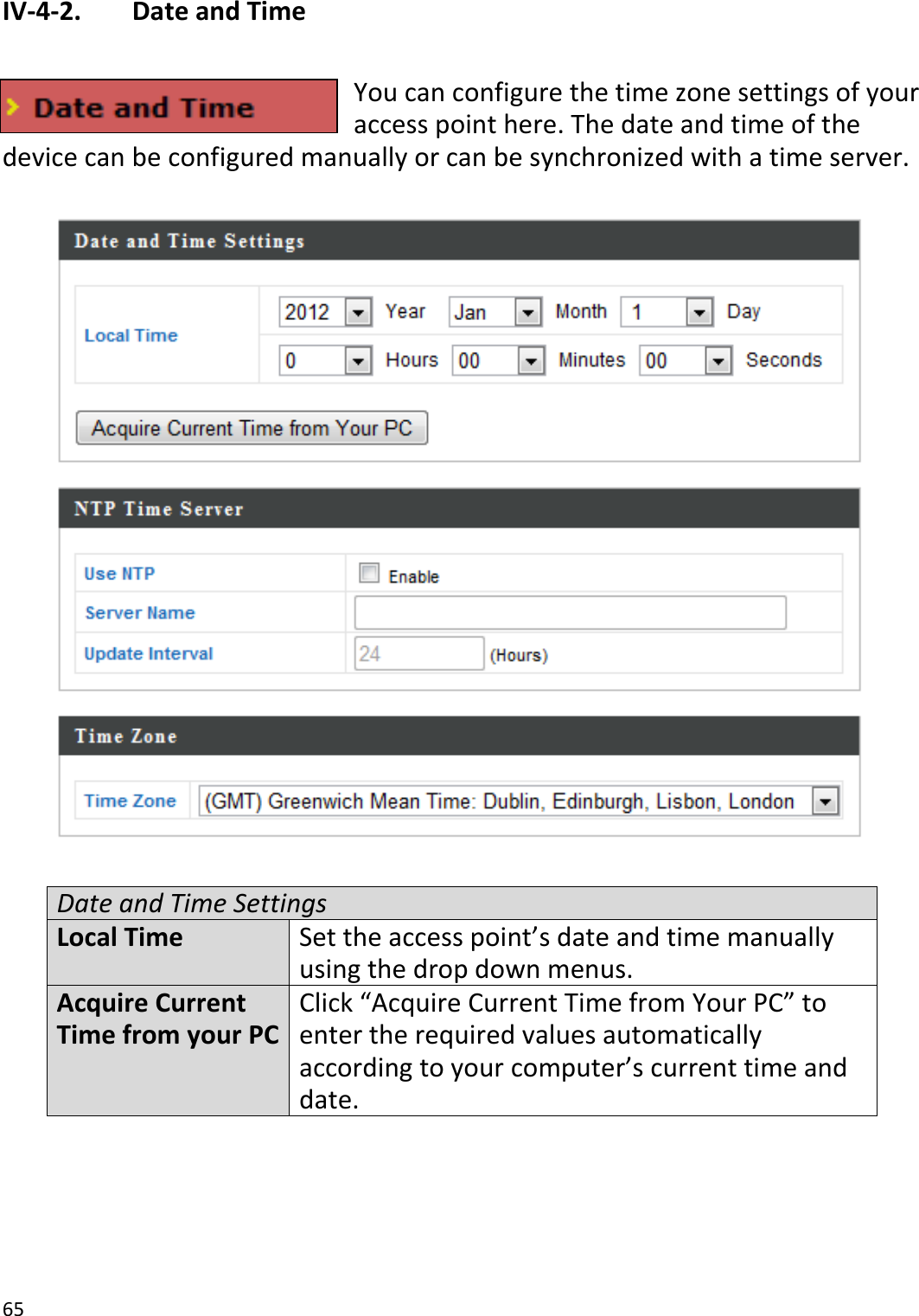 65  IV-4-2.   Date and Time  You can configure the time zone settings of your access point here. The date and time of the device can be configured manually or can be synchronized with a time server.    Date and Time Settings Local Time Set the access point’s date and time manually using the drop down menus. Acquire Current Time from your PC Click “Acquire Current Time from Your PC” to enter the required values automatically according to your computer’s current time and date.      