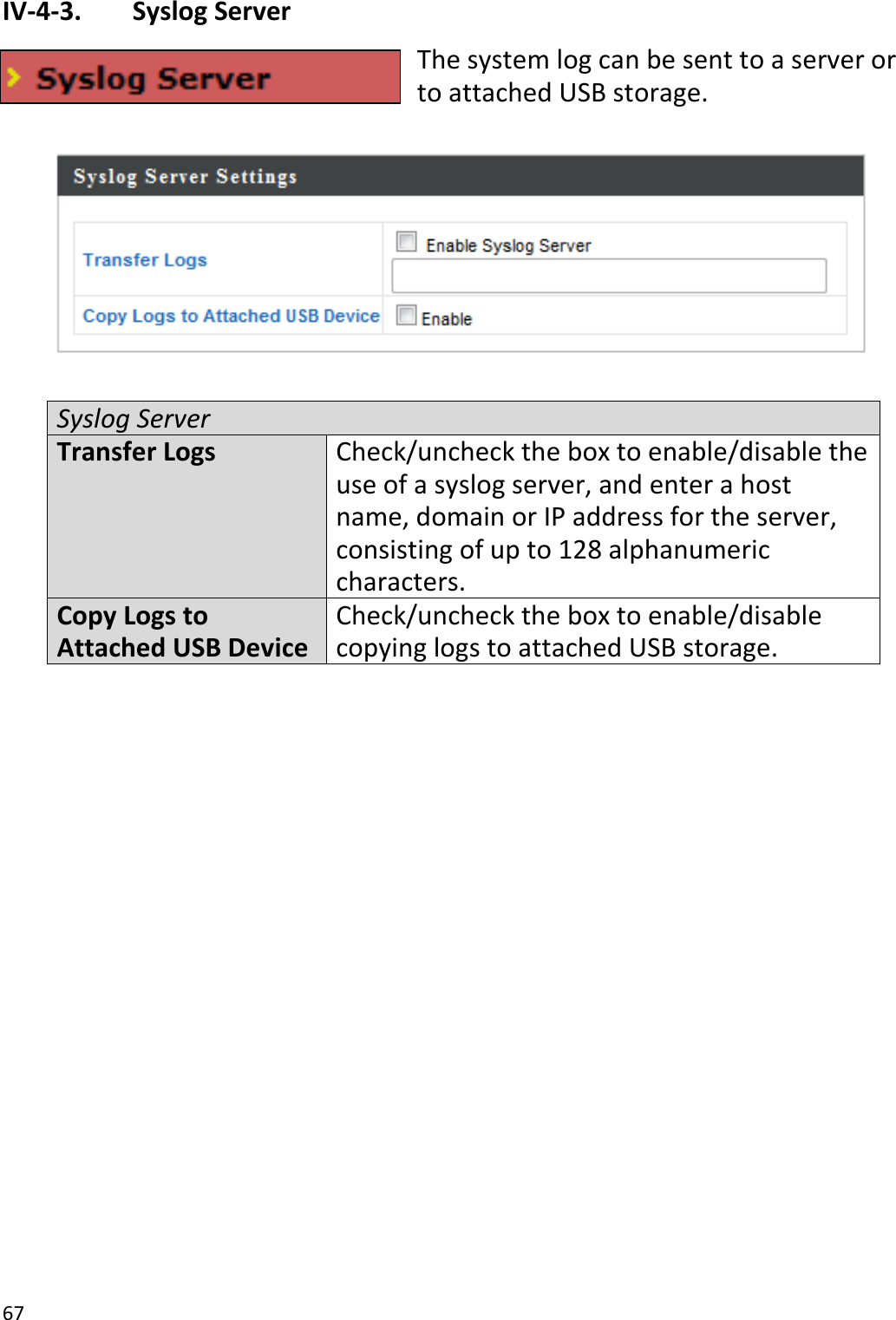 67  IV-4-3.   Syslog Server The system log can be sent to a server or to attached USB storage.    Syslog Server Transfer Logs Check/uncheck the box to enable/disable the use of a syslog server, and enter a host name, domain or IP address for the server, consisting of up to 128 alphanumeric characters. Copy Logs to Attached USB Device Check/uncheck the box to enable/disable copying logs to attached USB storage.  