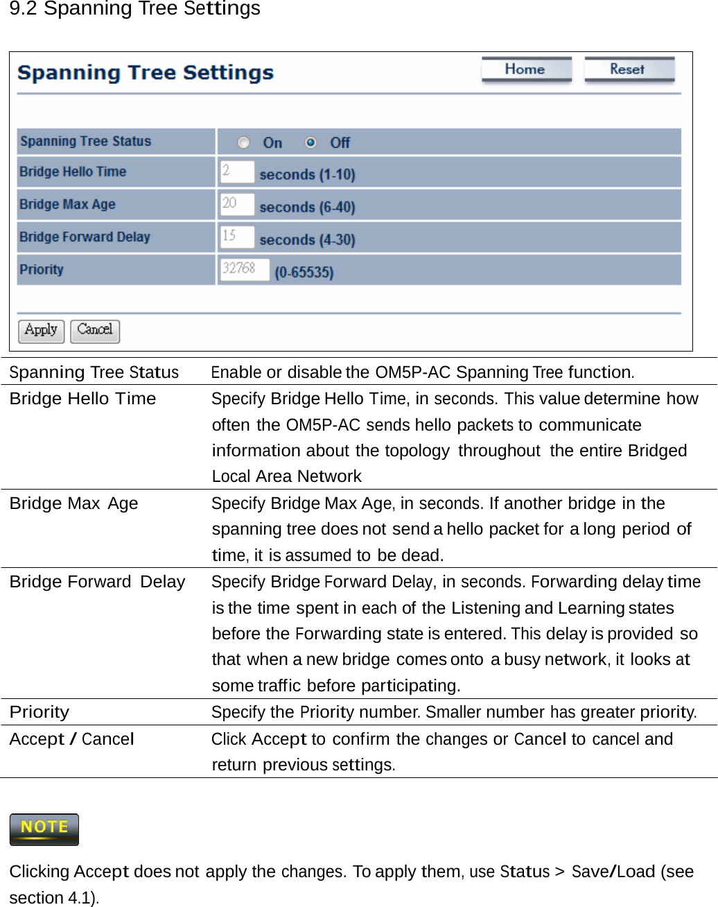 9.2 Spanning Tree Settings Spanning Tree Status Enable or disable the OM5P-AC Spanning Tree function. Bridge Hello Time Specify Bridge Hello Time, in seconds. This value determine how often the OM5P-AC sends hello packets to communicate information about the topology throughout the entire Bridged Local Area Network Bridge Max Age  Specify Bridge Max Age, in seconds. If another bridge in the spanning tree does not send a hello packet for a long period of time, it is assumed to be dead. Bridge Forward Delay  Specify Bridge Forward Delay, in seconds. Forwarding delay time is the time spent in each of the Listening and Learning states before the Forwarding state is entered. This delay is provided  so that when a new bridge comes onto  a busy network, it looks at some traffic before participating. Priority  Specify the Priority number. Smaller number has greater priority. Accept / Cancel Click Accept to confirm the changes or Cancel to cancel and return previous settings.  Clicking Accept does not apply the changes. To apply them, use Status &gt; Save/Load (see section 4.1). 